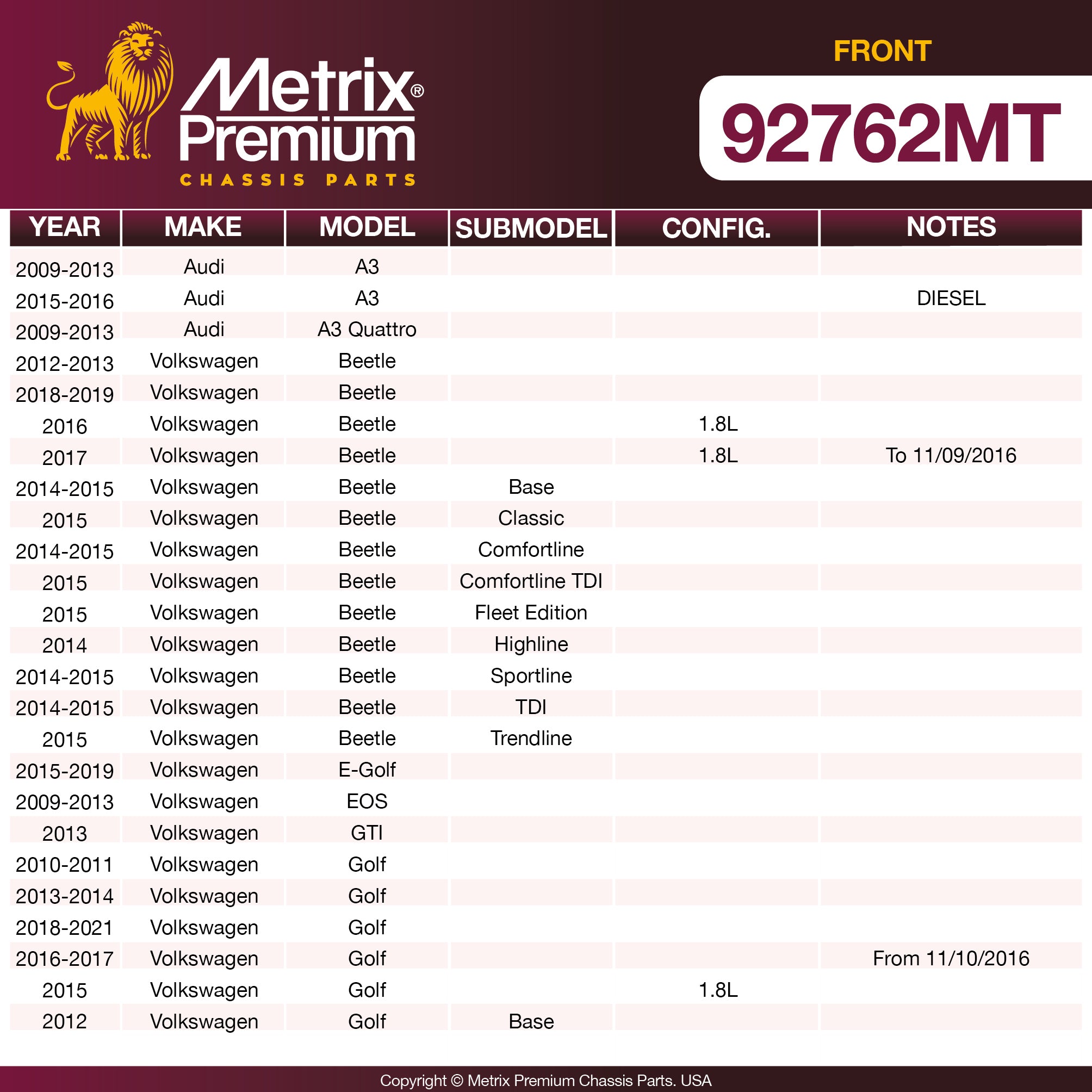 Metrix Premium Front Disc Brake Rotor Kit 92762MT OEM fit spare parts