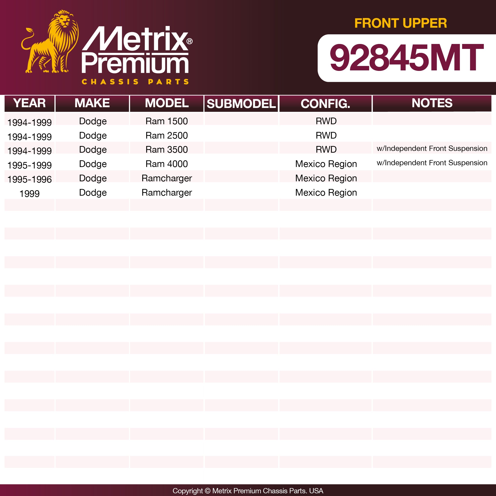Metrix Premium Chassis Parts Front Upper Control Arm and Ball Joint Assembly Kit 92845MT OEM fit auto parts