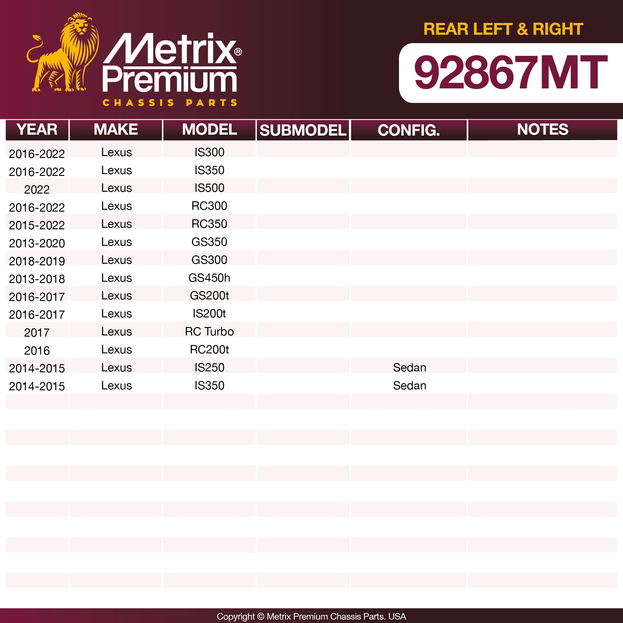 Metrix Premium Chassis Parts Rear Left & Right Stabilizer Bar Link Kit 92867MT OEM fit auto parts