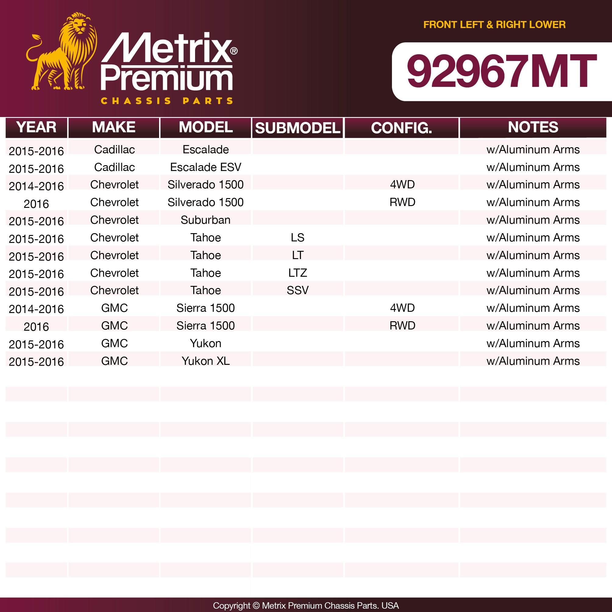 Metrix Premium Chassis Parts Front Left & Right Lower Control Arm and Ball Joint Assembly Kit 92967MT OEM fit auto parts