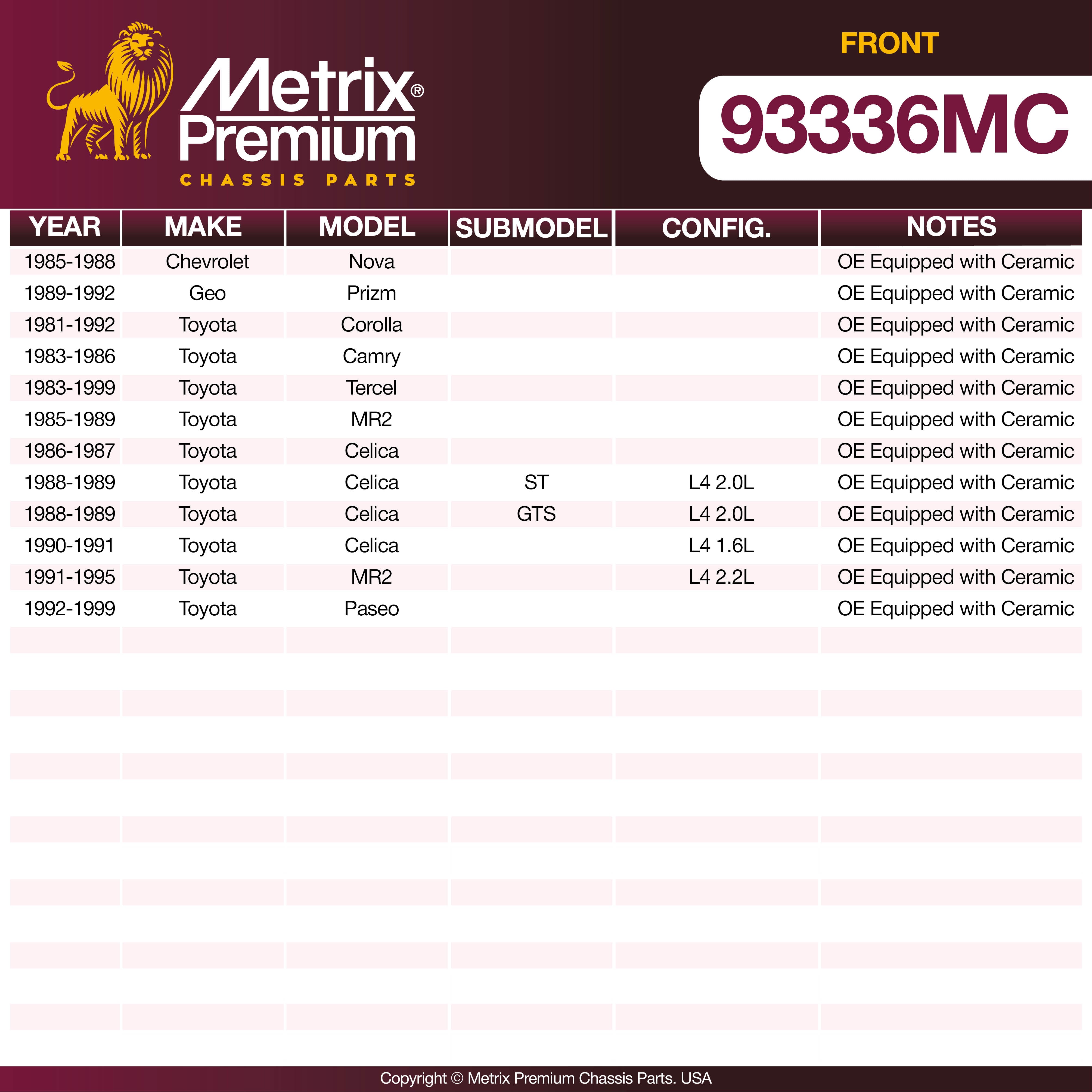 Metrix Premium Front Disc Brake Pad Set 93336MC OEM fit spare parts