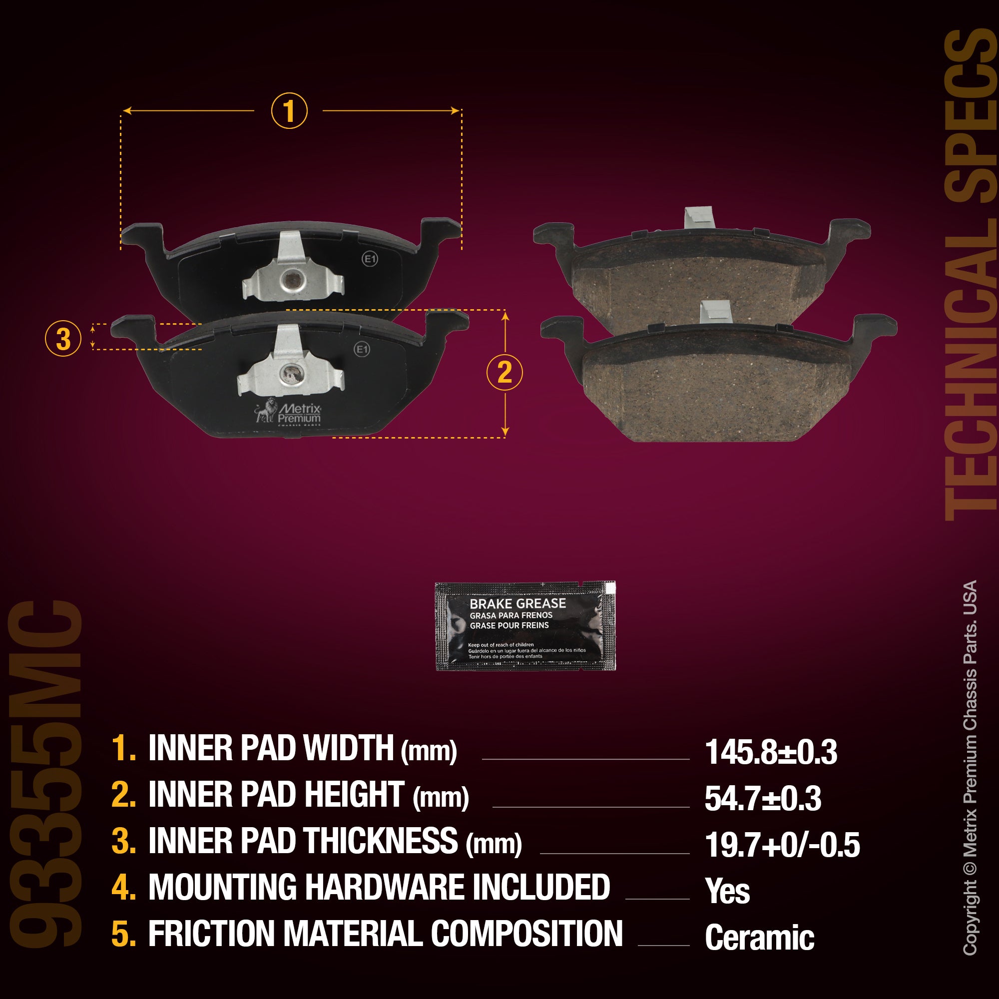 Metrix Premium Chassis Parts Front Disc Brake Pad Set 93355MC OEM fit auto parts