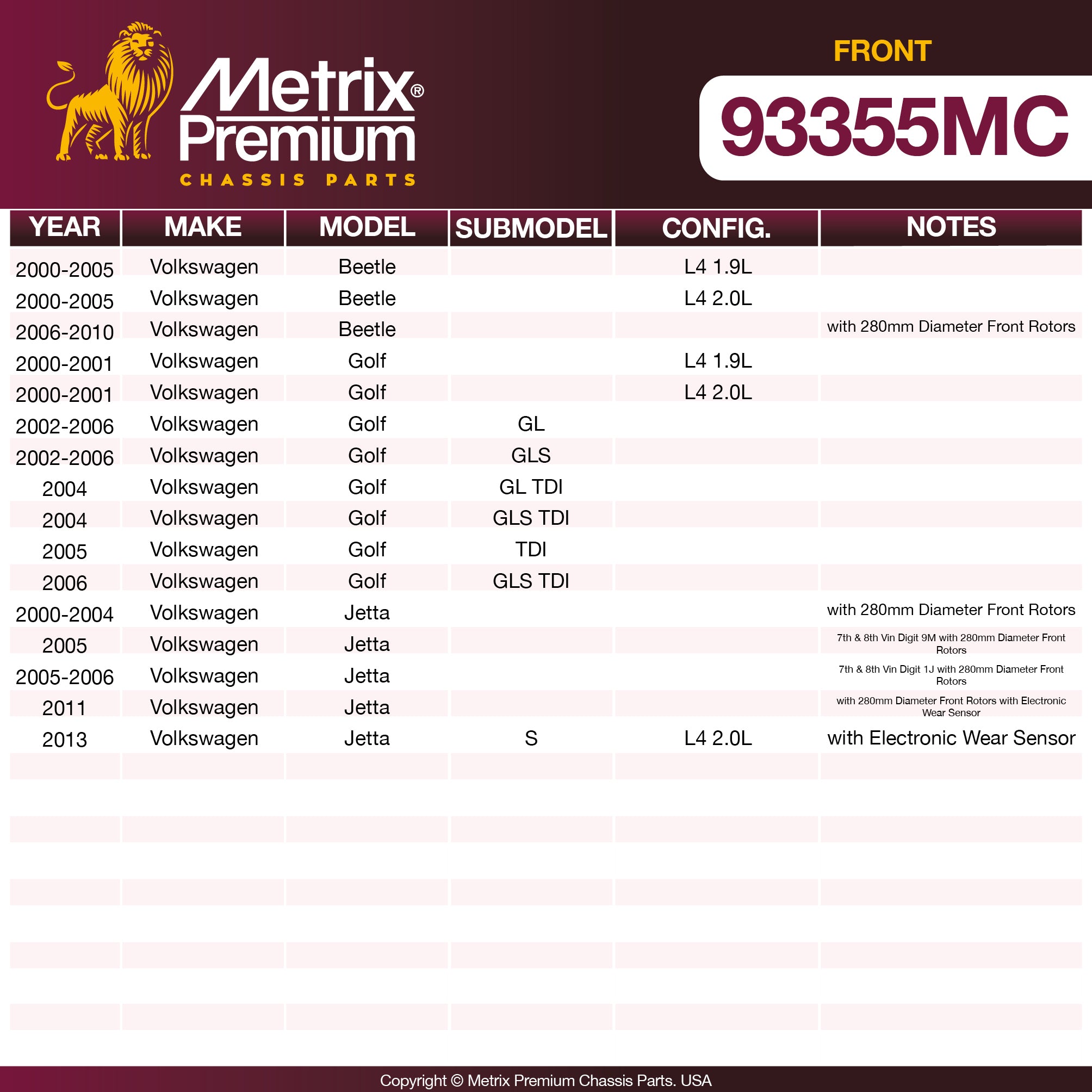 Metrix Premium Chassis Parts Front Disc Brake Pad Set 93355MC OEM fit auto parts