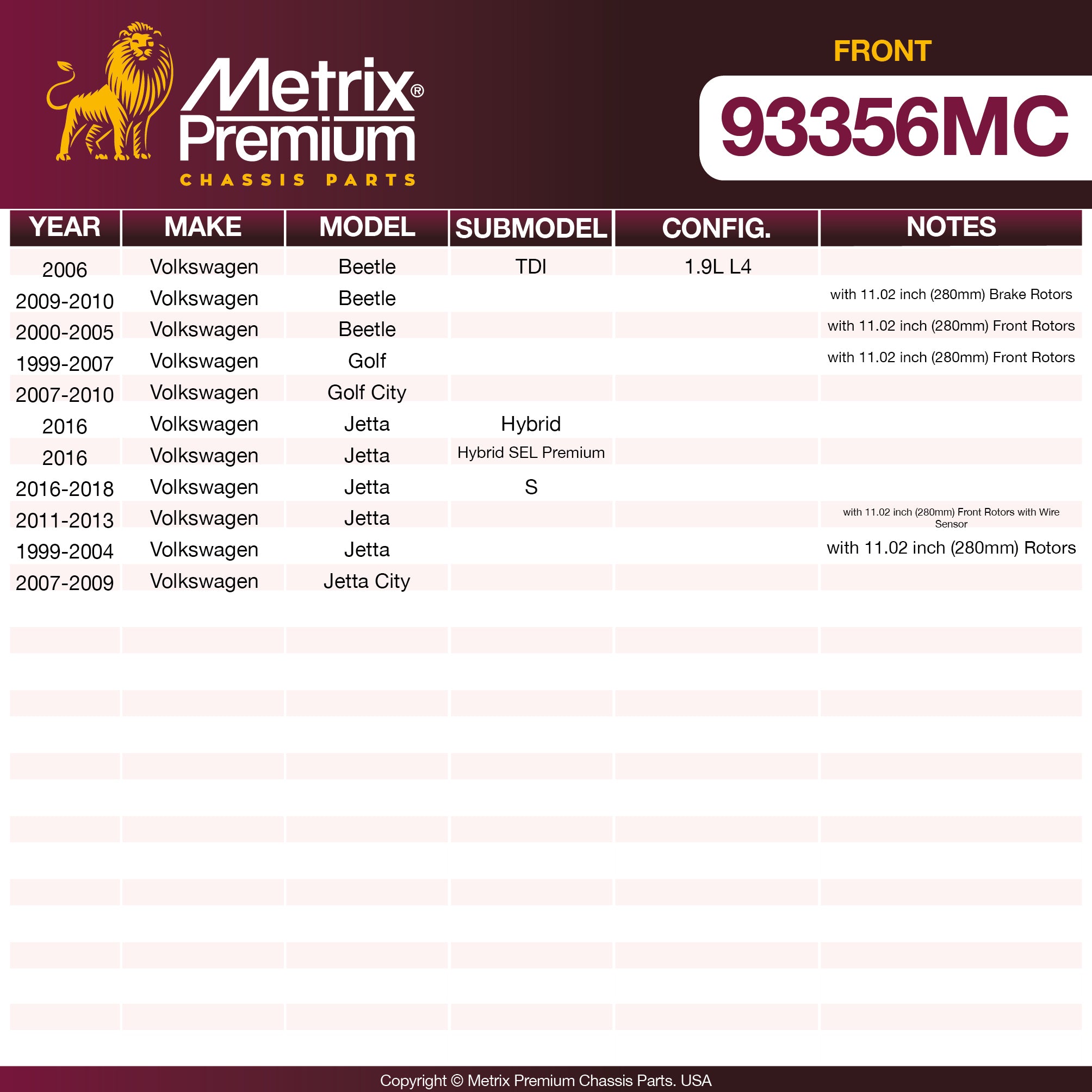 Metrix Premium Front Disc Brake Pad Set 93356MC OEM fit spare parts