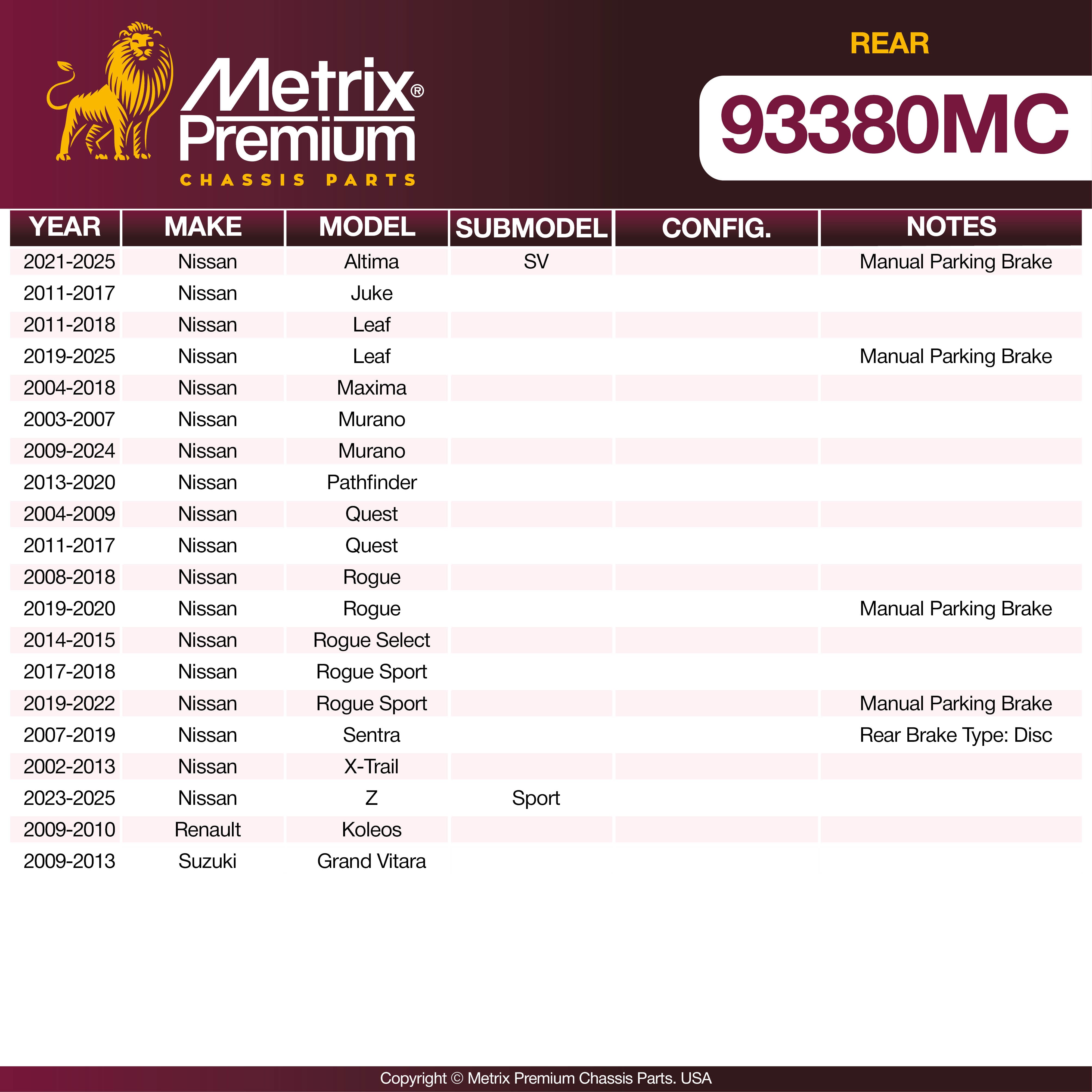 Metrix Premium Rear Disc Brake Pad Set 93380MC suspension steering brake parts