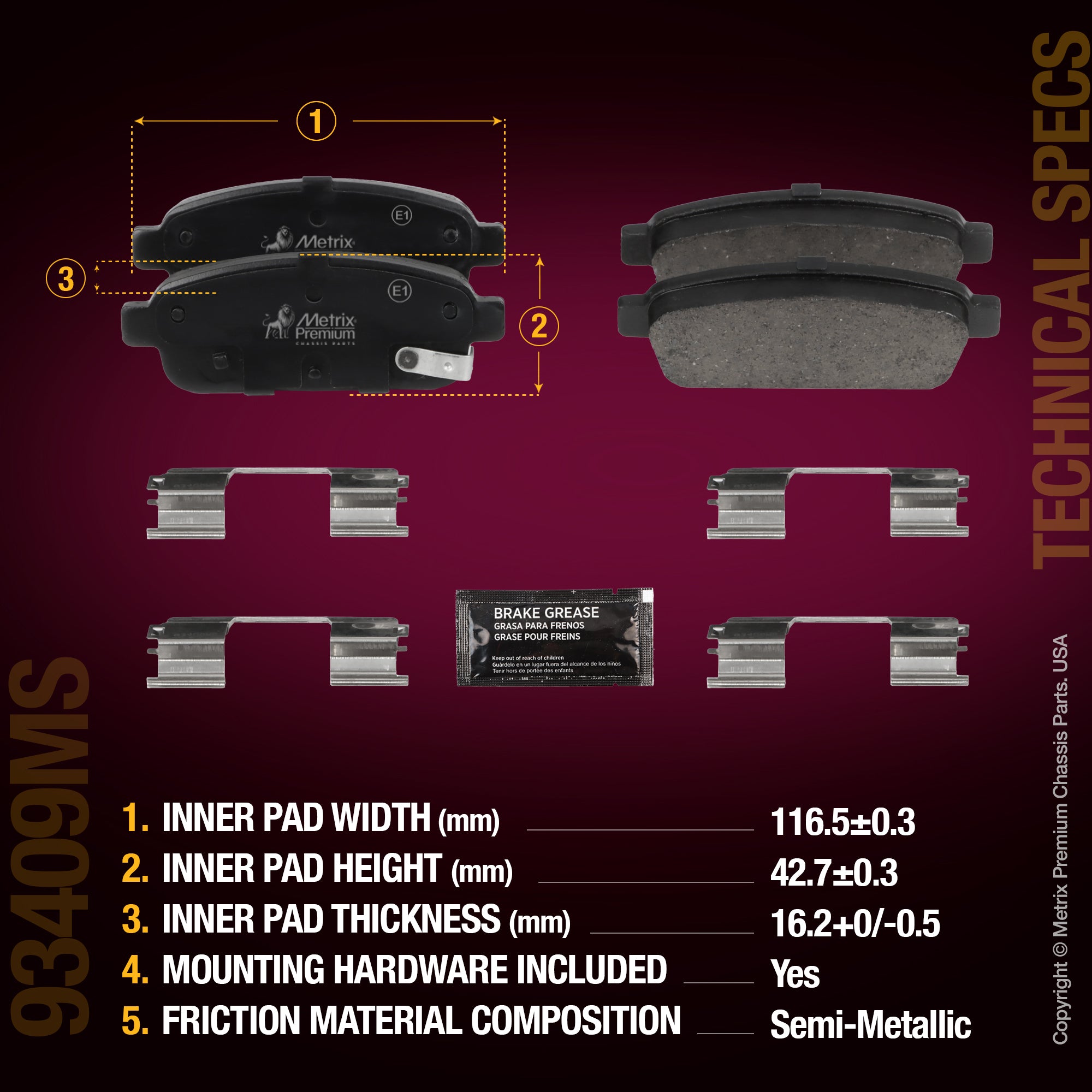 Metrix Premium Chassis Parts Rear Disc Brake Pad Set 93409MS aftermarket car parts