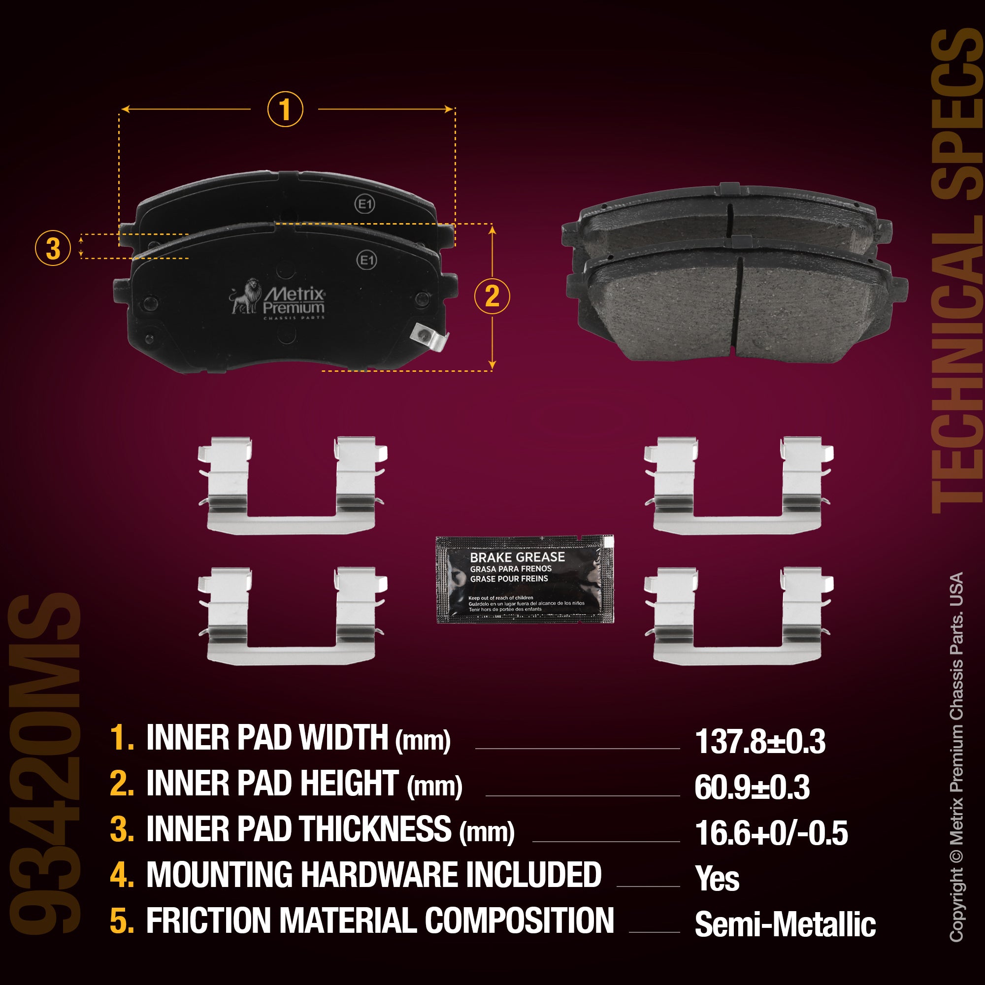 Metrix Premium Chassis Parts Front Disc Brake Pad Set 93420MS aftermarket car parts