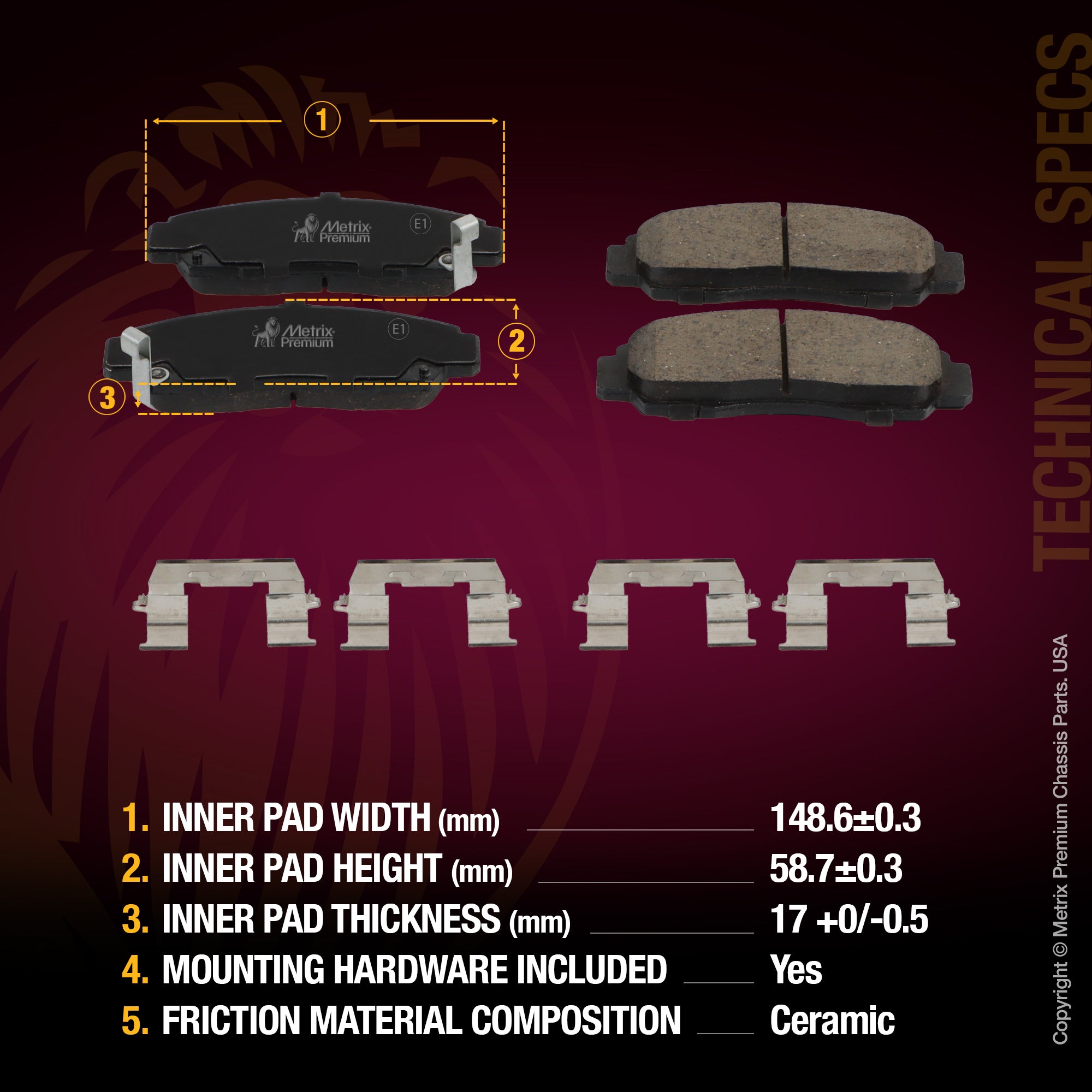 Metrix Premium 3 PC Front Ceramic Disc Brake Pad Set & Vented Brake Rotor Kit 96310MT Dimensions