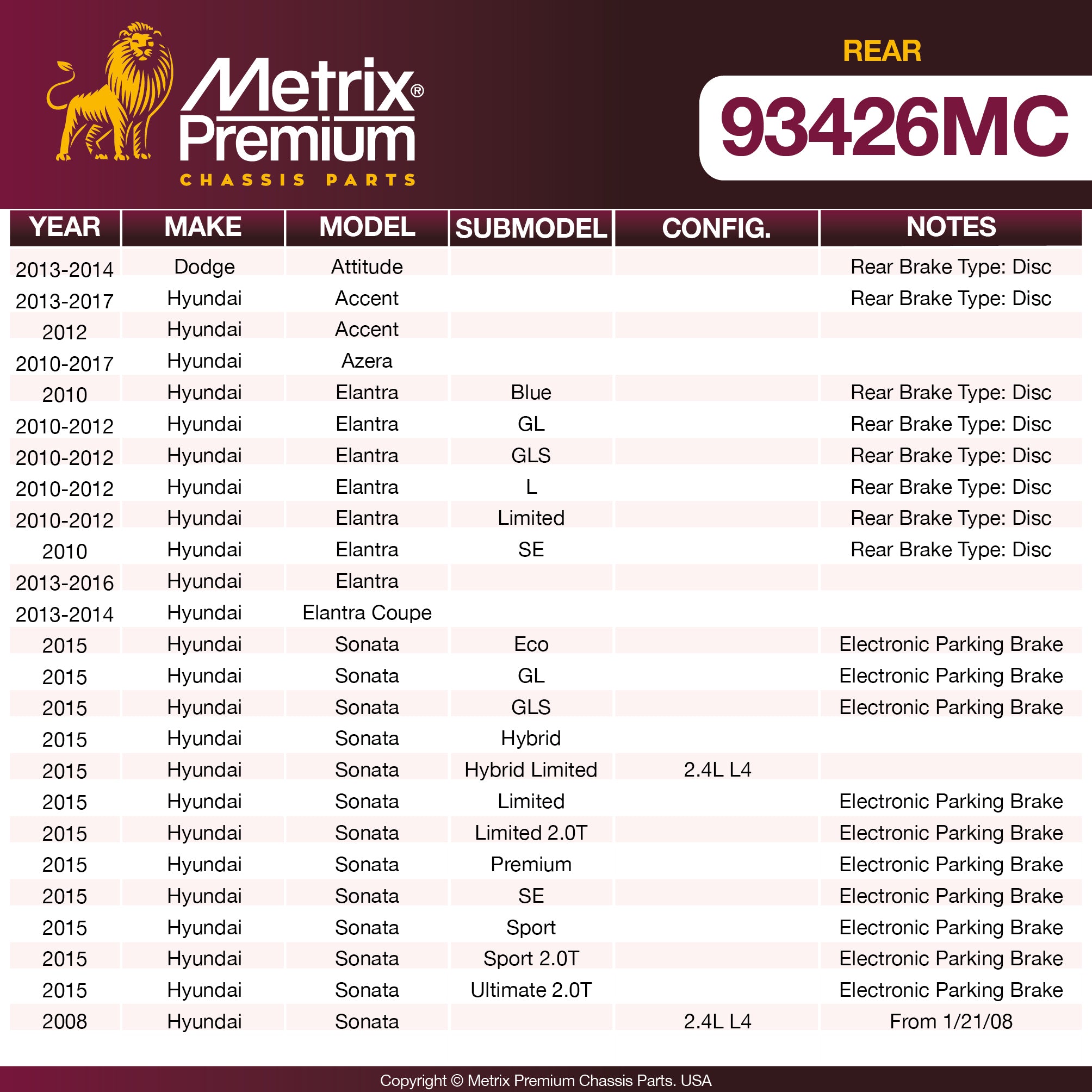 Metrix Premium Rear Disc Brake Pad Set 93426MC OEM fit spare parts