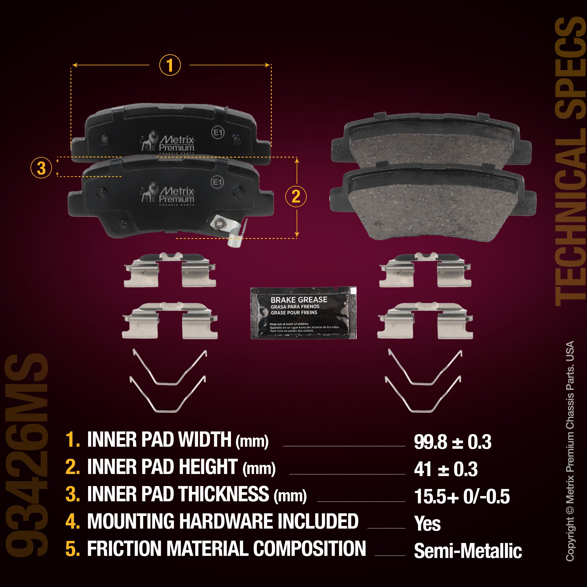 Metrix Premium Chassis Parts Rear Disc Brake Pad Set 93426MS aftermarket car parts
