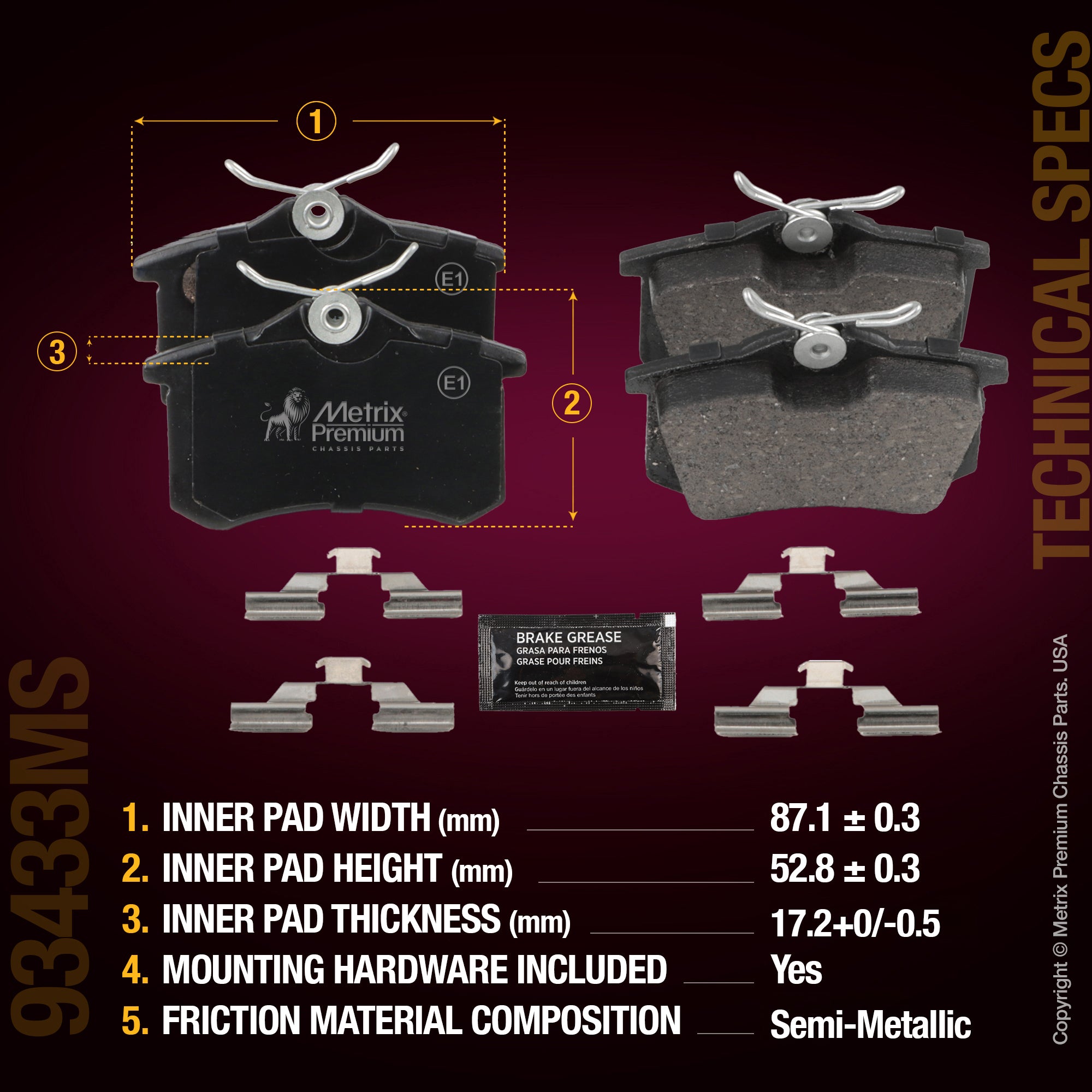 Metrix Premium Chassis Parts Rear Disc Brake Pad Set 93433MS aftermarket car parts