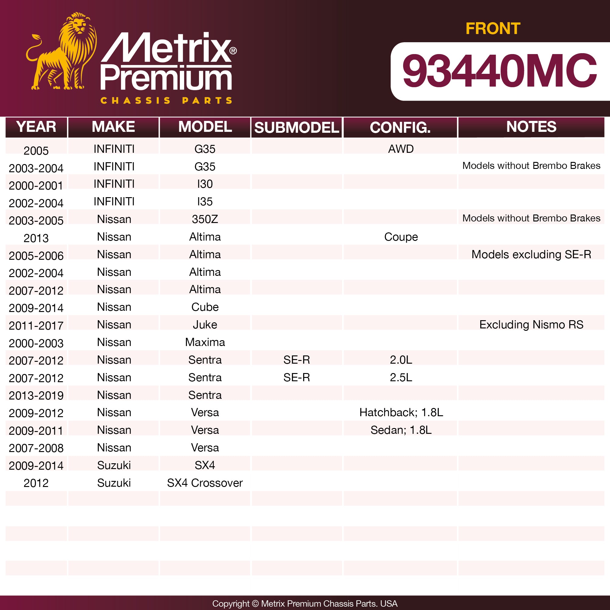 Metrix Premium Front Disc Brake Pad Set 93440MC OEM fit spare parts