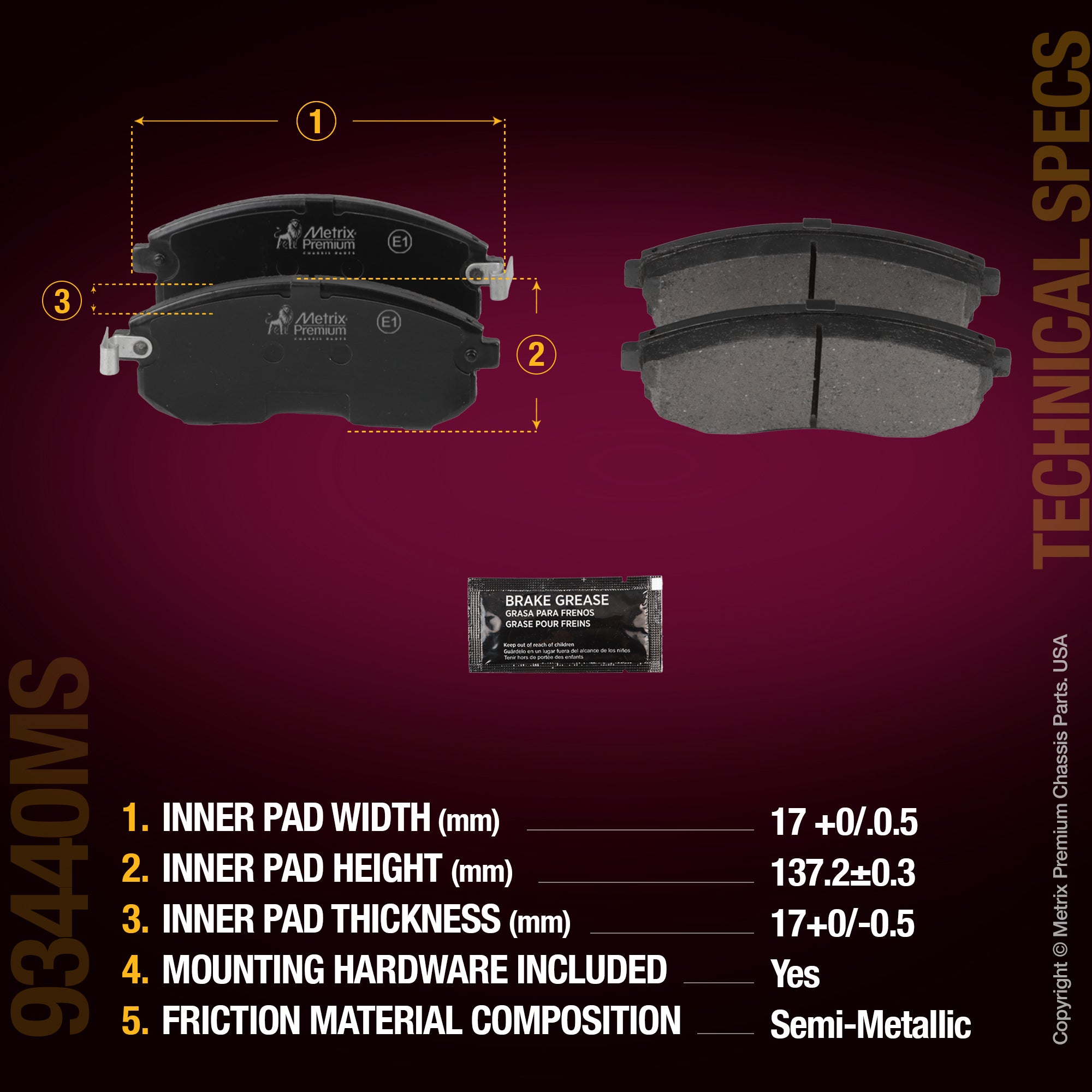 Metrix Premium Chassis Parts Front Disc Brake Pad Set 93440MS aftermarket car parts