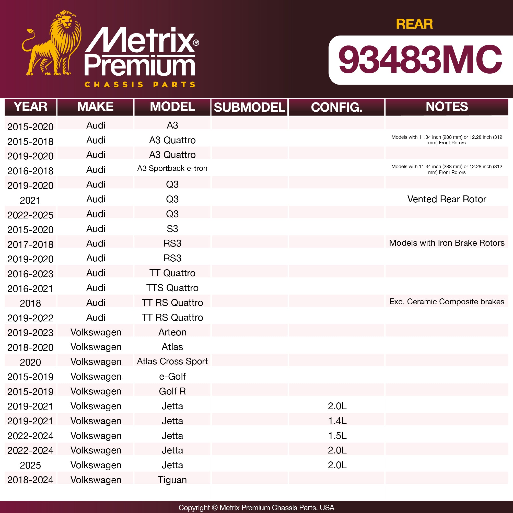 Metrix Premium Chassis Parts Rear Disc Brake Pad Set 93483MC OEM fit auto parts