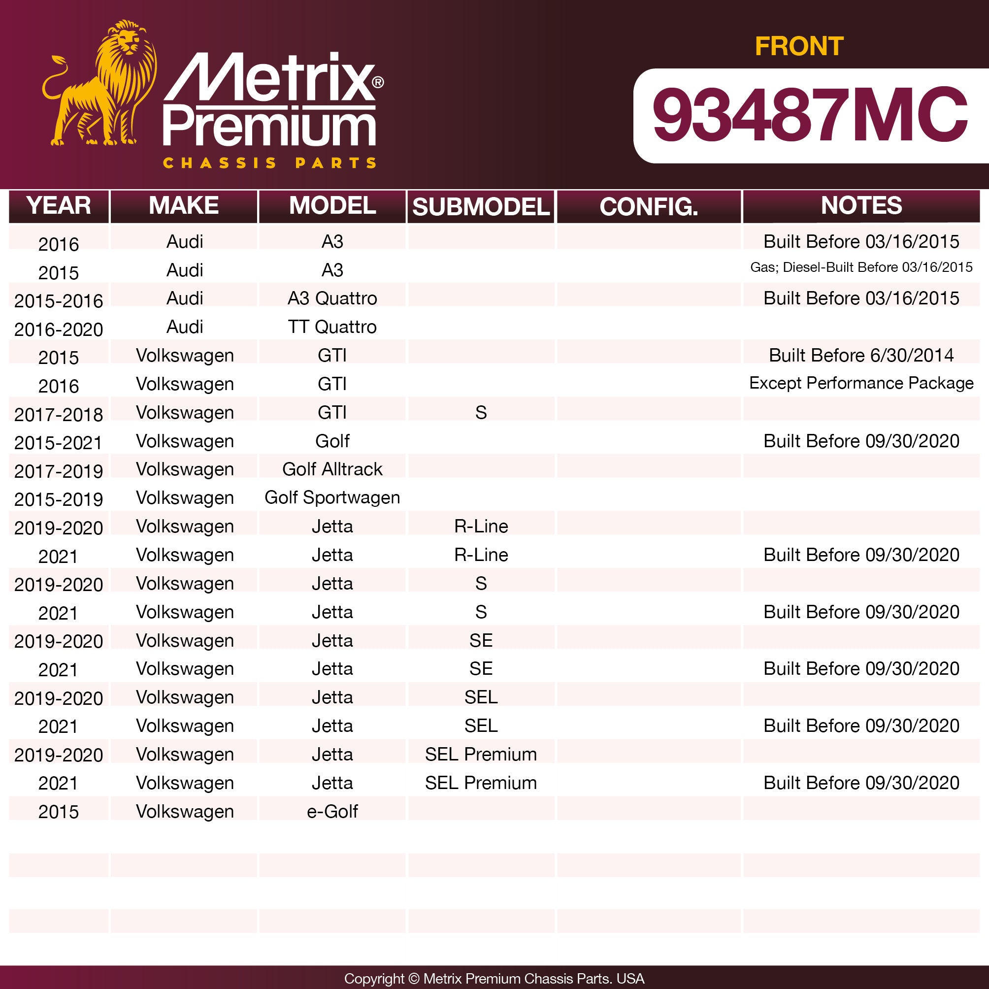 Metrix Premium Front Disc Brake Pad Set 93487MC OEM fit spare parts