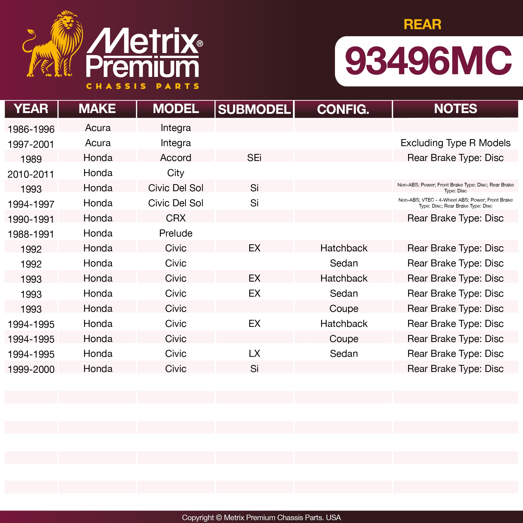 Metrix Premium Chassis Parts Rear Disc Brake Pad Set 93496MC OEM fit auto parts
