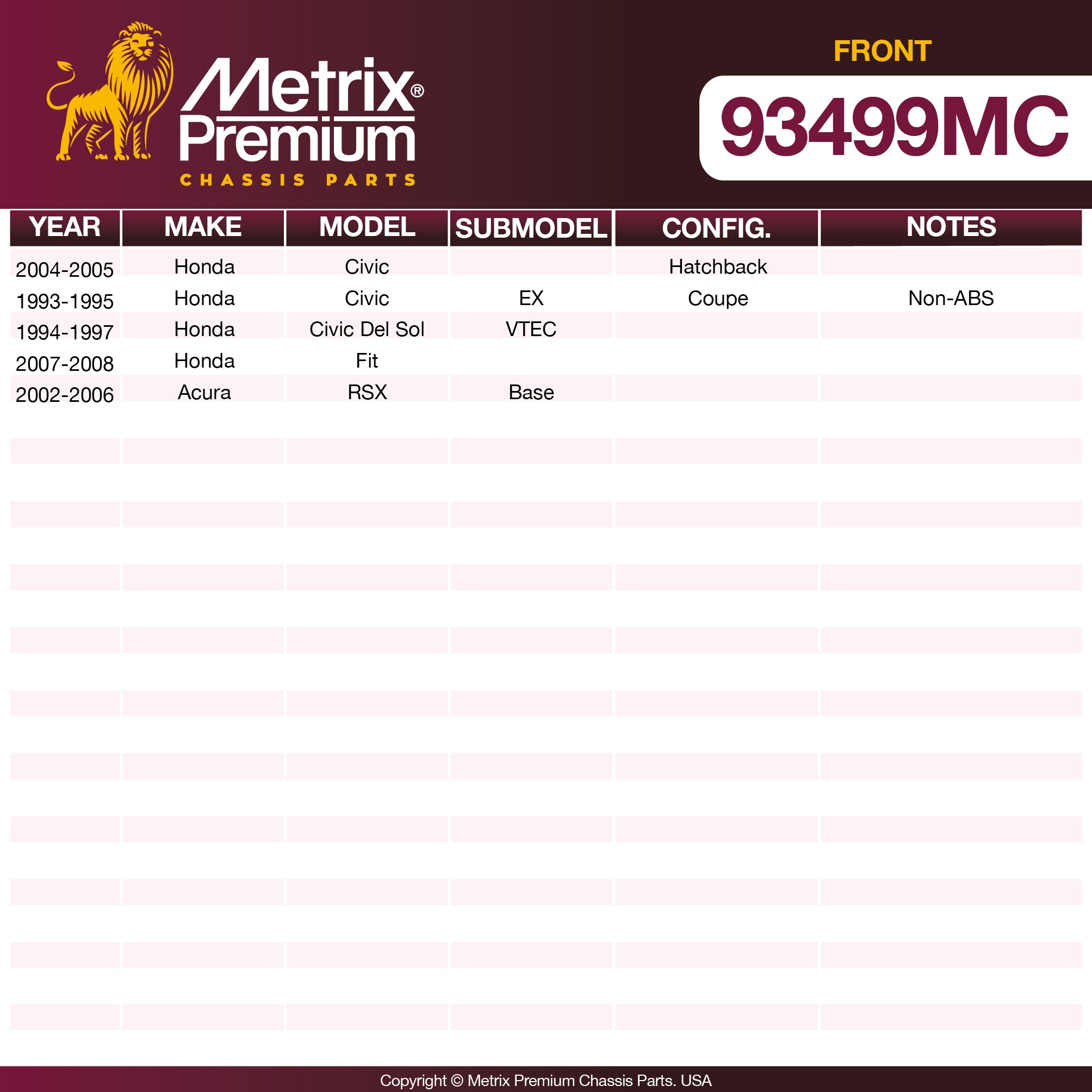 Metrix Premium Chassis Parts Front Disc Brake Pad Set 93499MC OEM fit auto parts