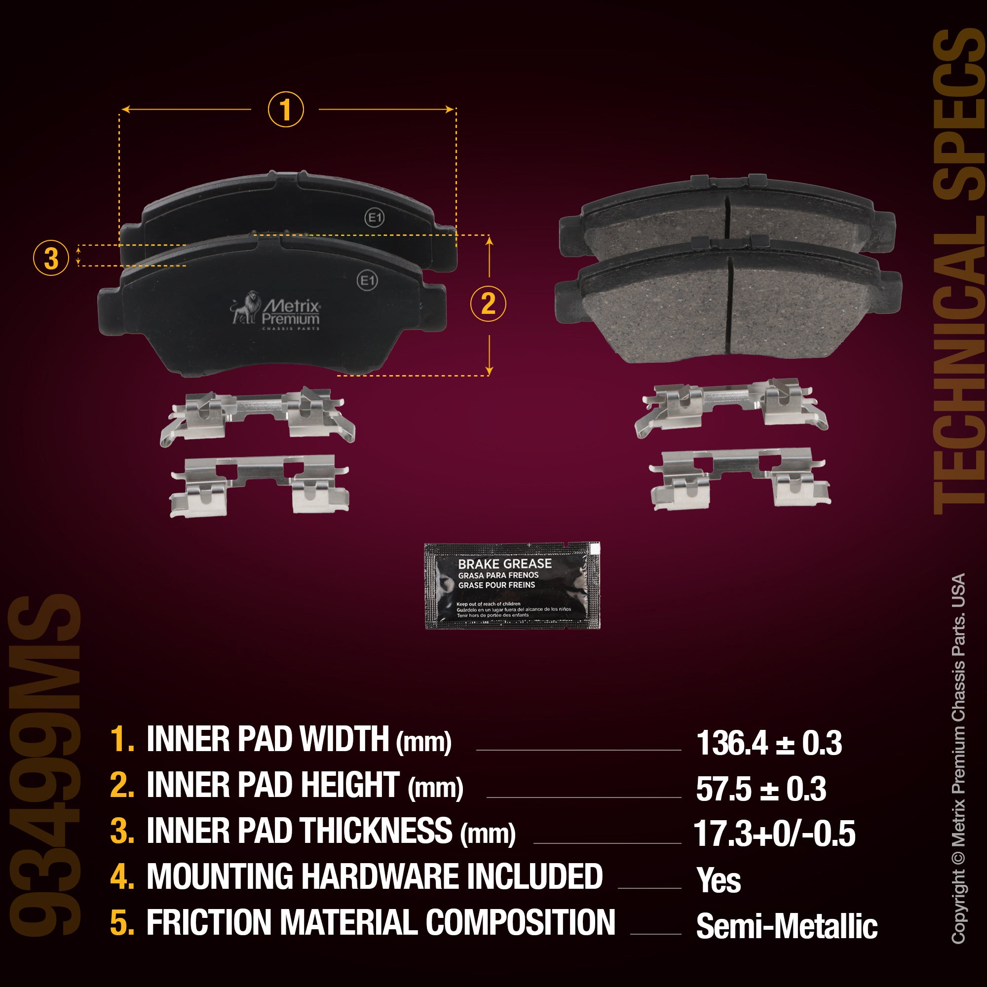 Metrix Premium Chassis Parts Front Disc Brake Pad Set 93499MS aftermarket car parts
