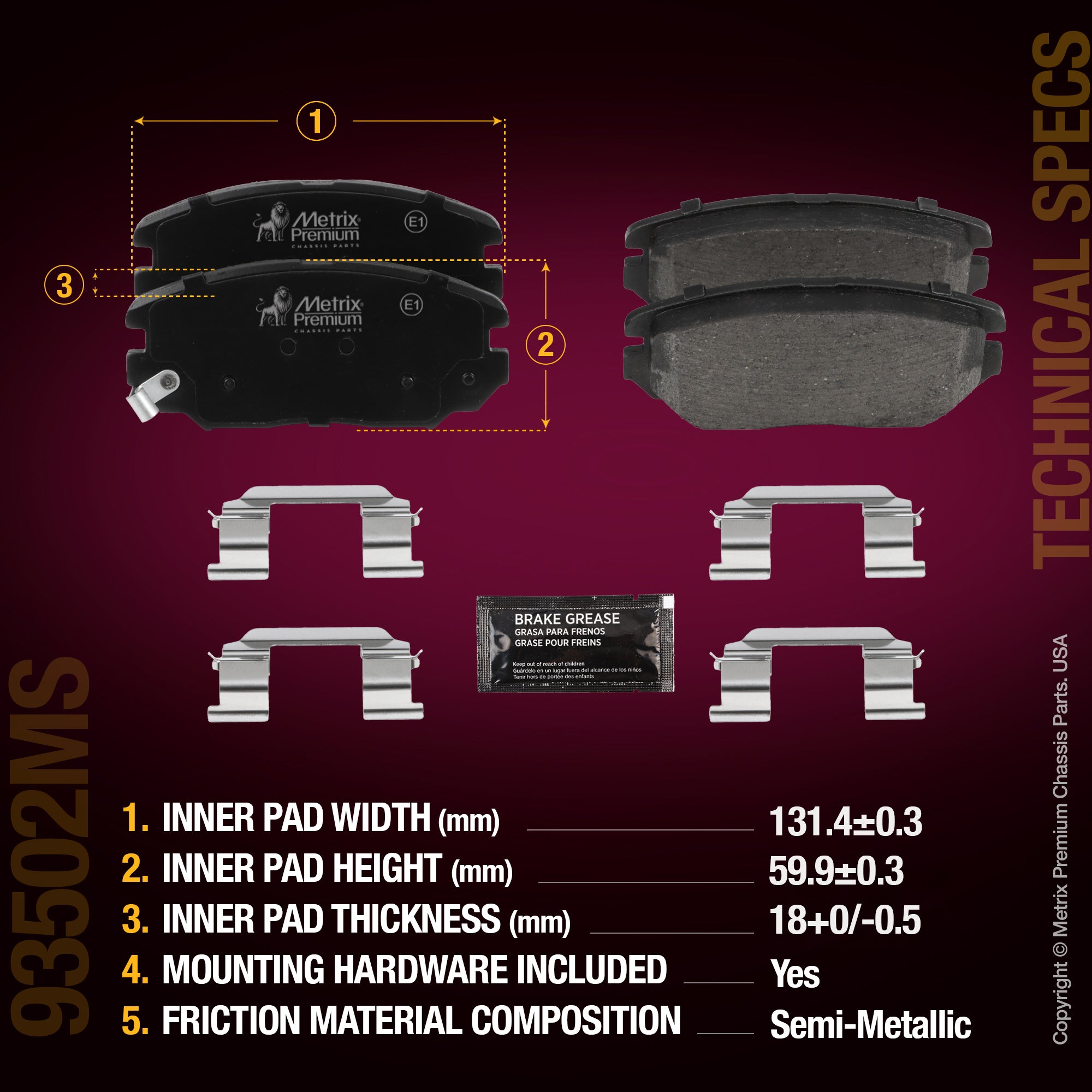 Metrix Premium Chassis Parts Front Disc Brake Pad Set 93502MS aftermarket car parts