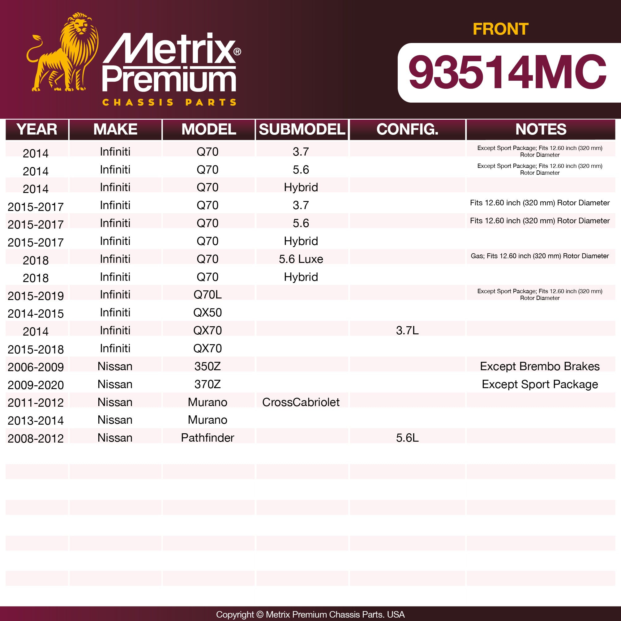 Metrix Premium Chassis Parts Front Disc Brake Pad Set 93514MC OEM fit auto parts