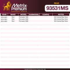 Metrix Premium Chassis Parts Rear Disc Brake Pad Set 93531MS OEM fit auto parts