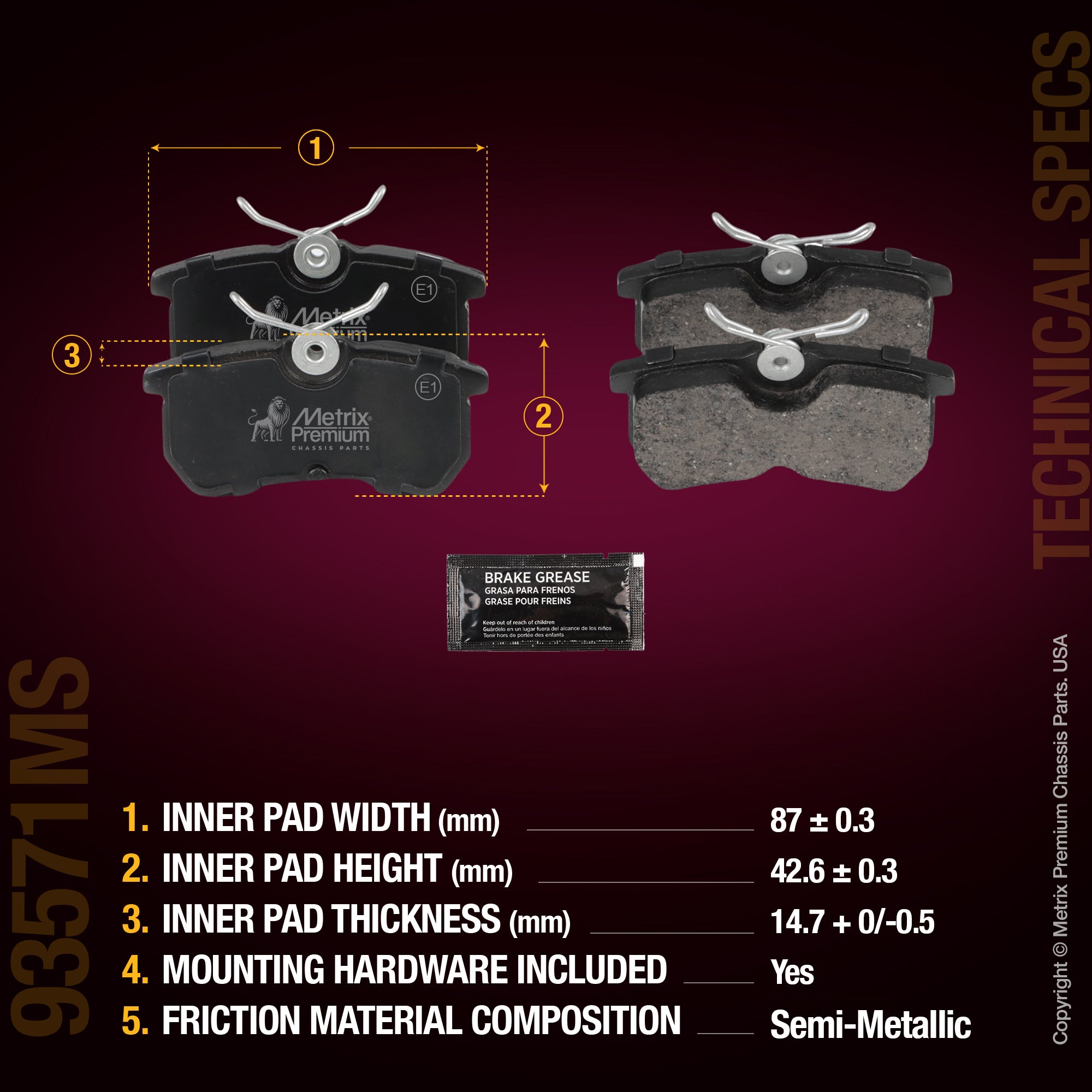 Metrix Premium Chassis Parts Rear Disc Brake Pad Set 93571MS aftermarket car parts
