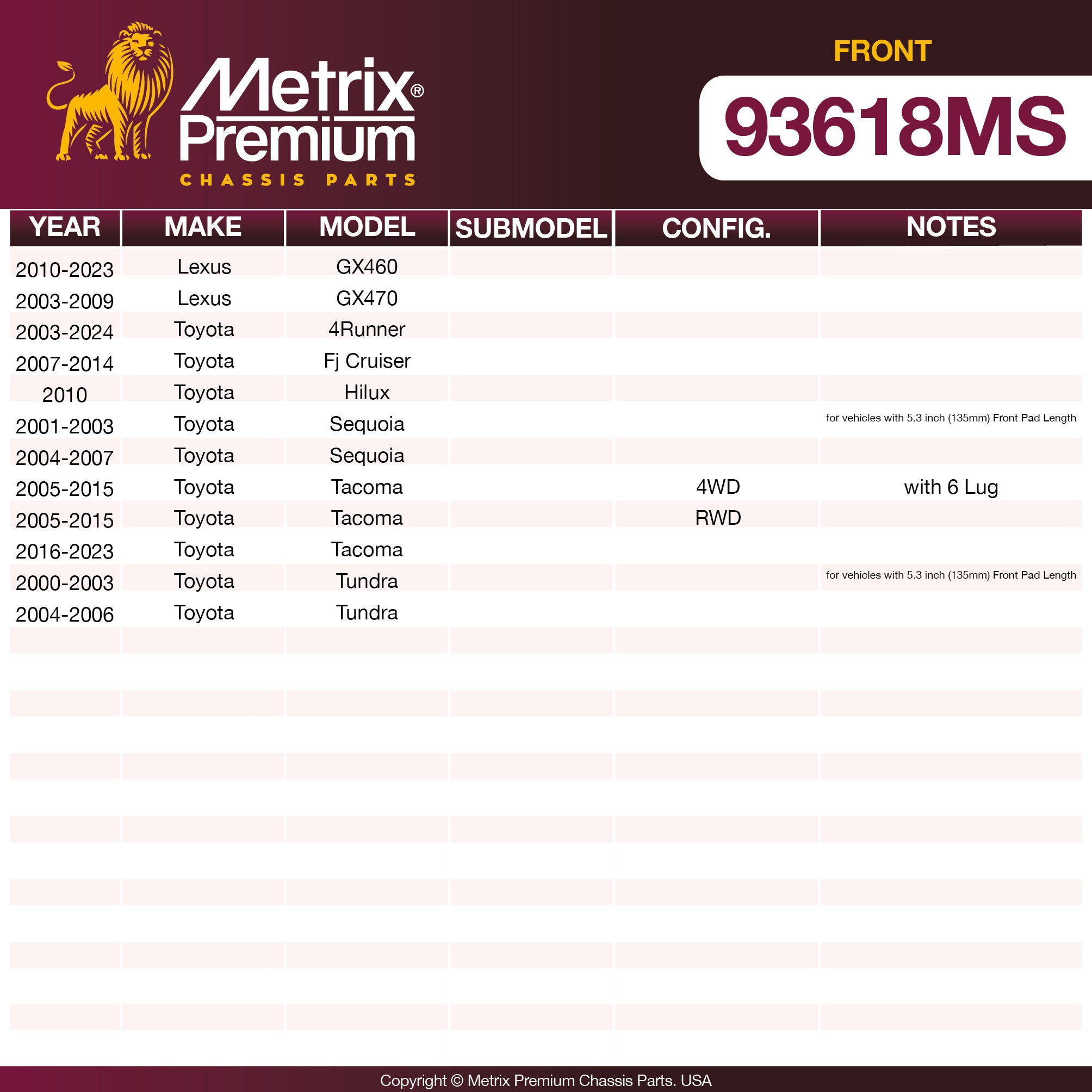 Metrix Premium Front Disc Brake Pad Set 93618MS OEM fit spare parts