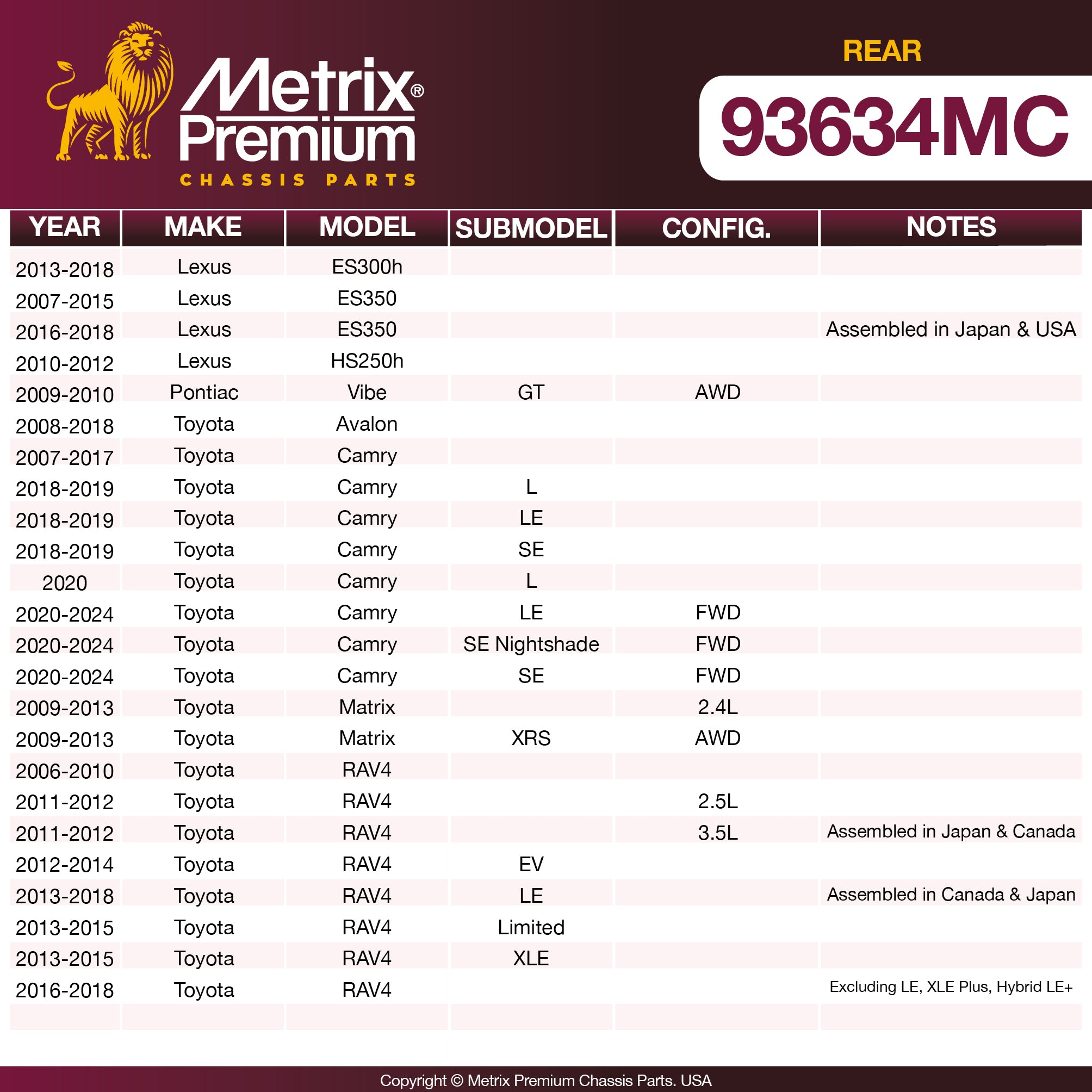 Metrix Premium Chassis Parts Rear Disc Brake Pad Set 93634MC OEM fit auto parts