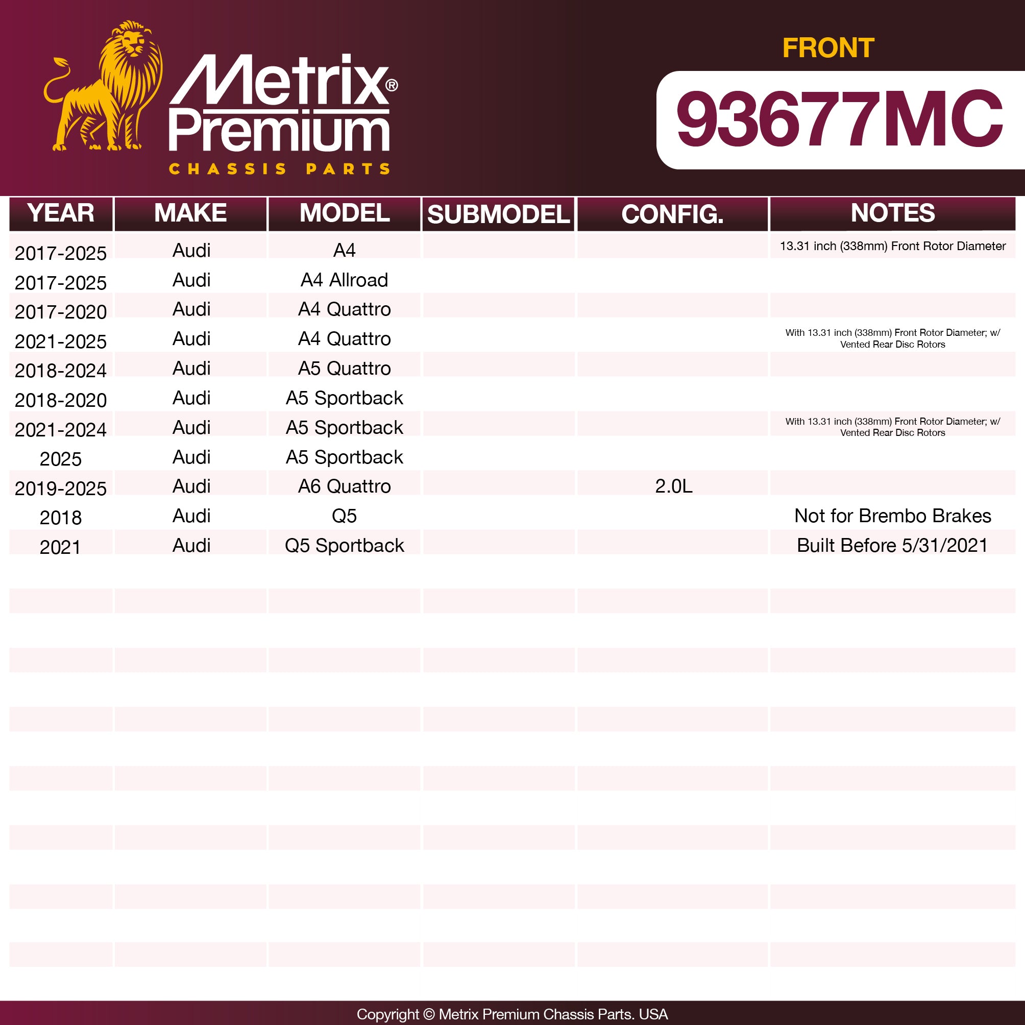 Metrix Premium Chassis Parts Front Disc Brake Pad Set 93677MC OEM fit auto parts