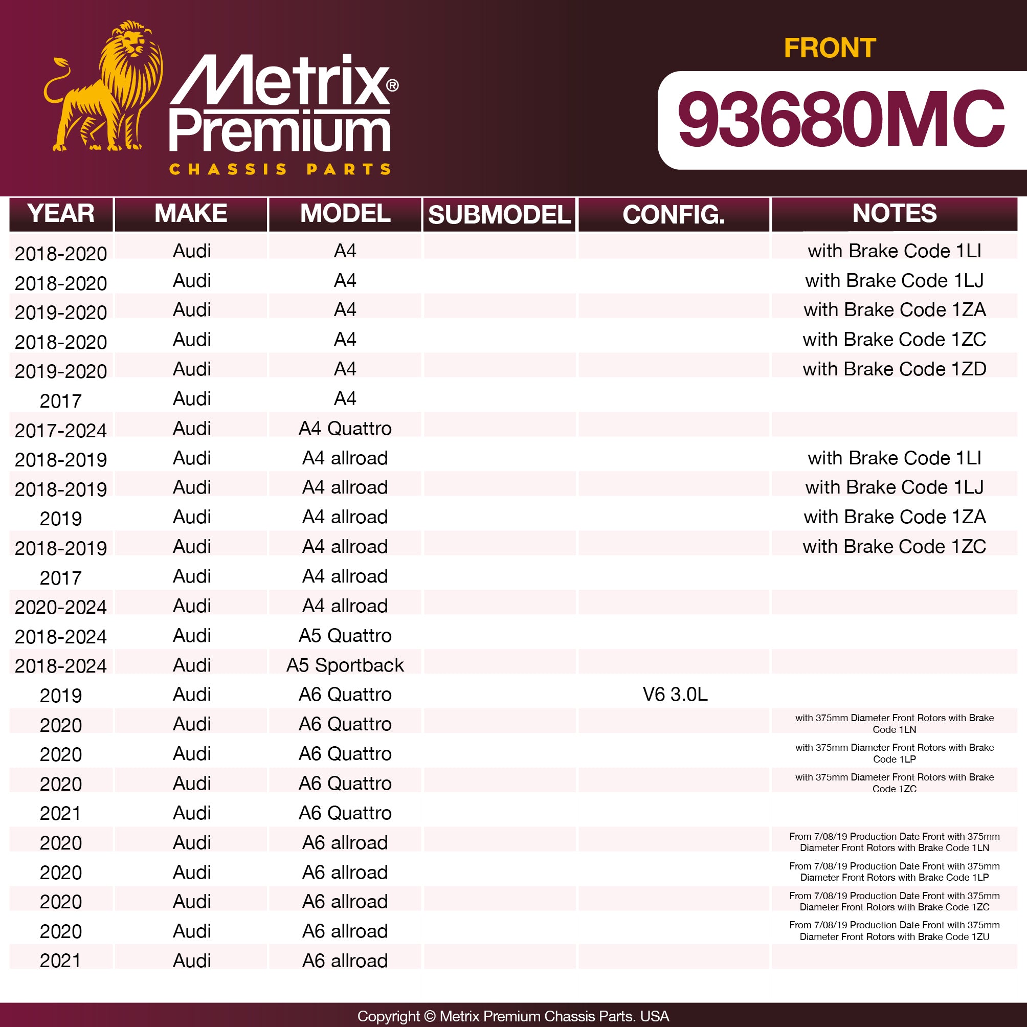Metrix Premium Chassis Parts Front Disc Brake Pad Set 93680MC OEM fit auto parts