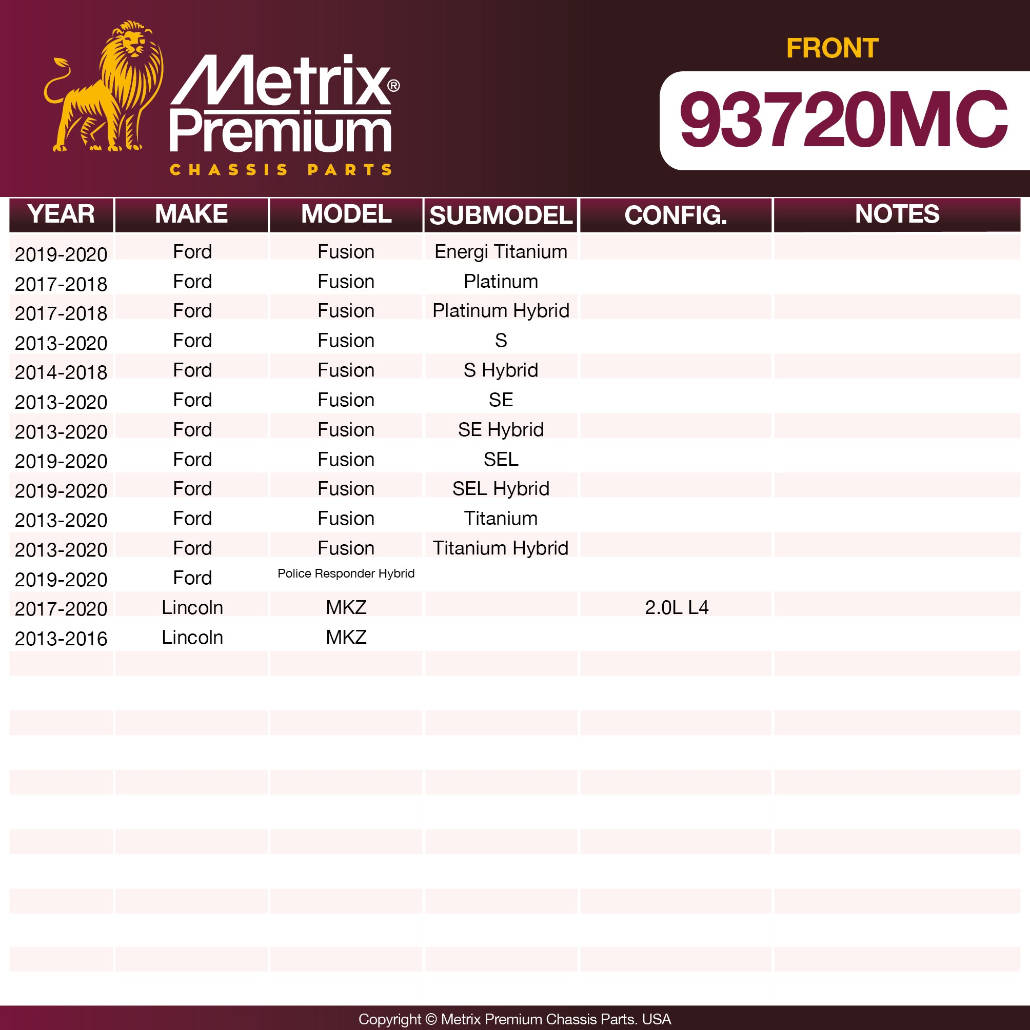 Metrix Premium Front Disc Brake Pad Set 93720MC OEM fit spare parts