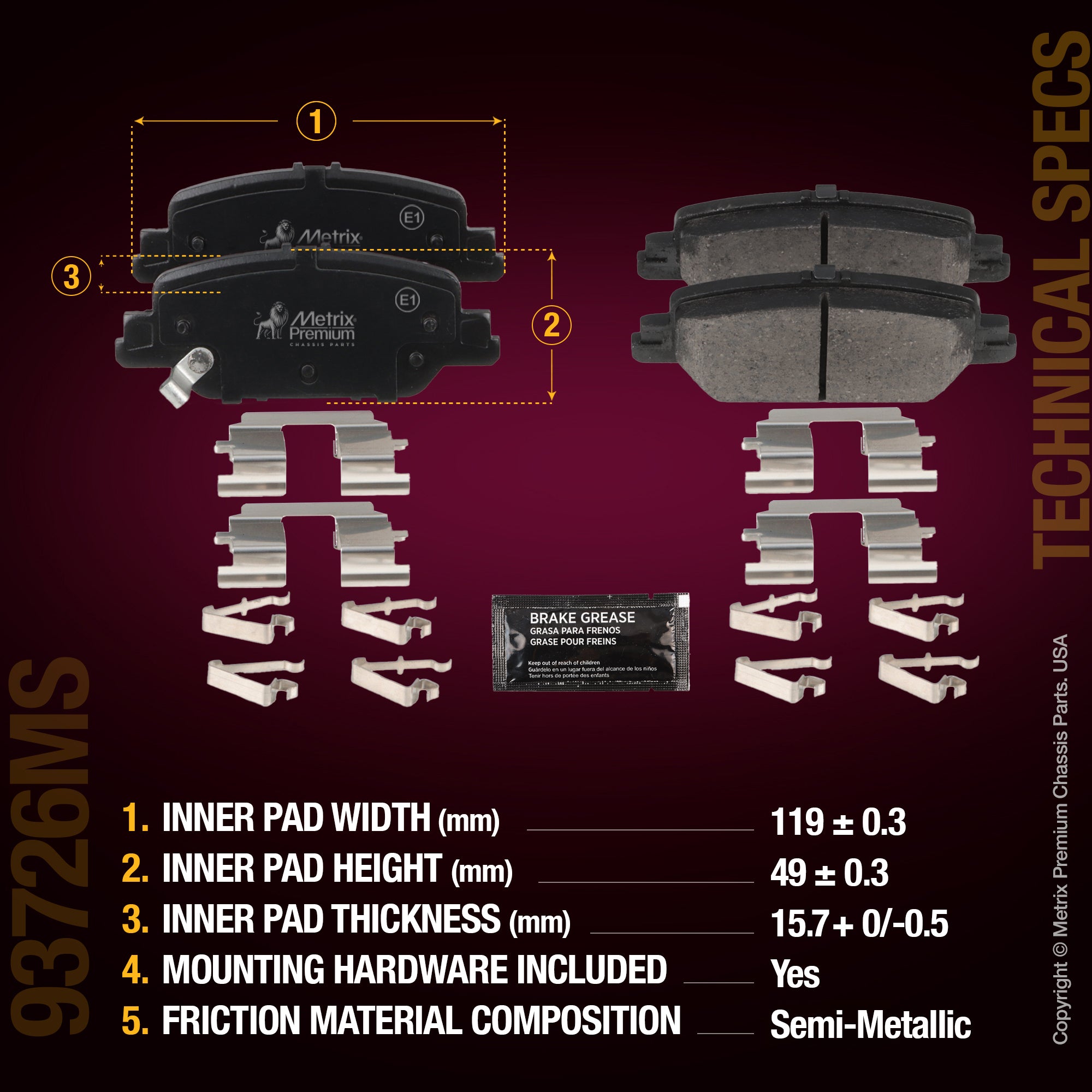 Metrix Premium Chassis Parts Rear Disc Brake Pad Set 93726MS aftermarket car parts