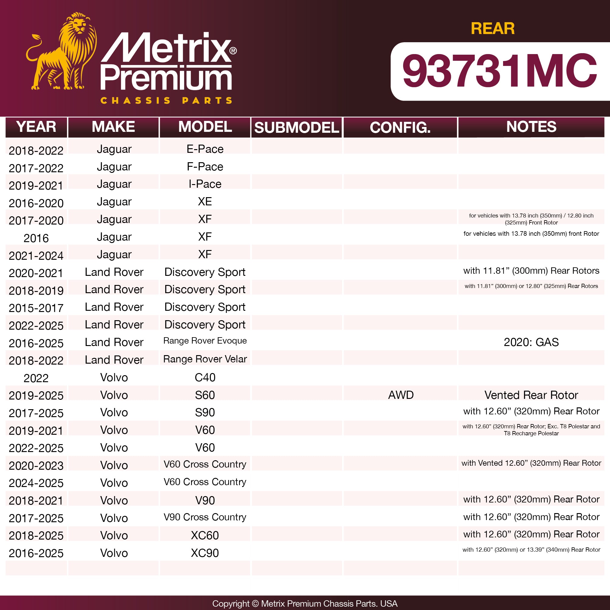 Metrix Premium Rear Disc Brake Pad Set 93731MC OEM fit spare parts