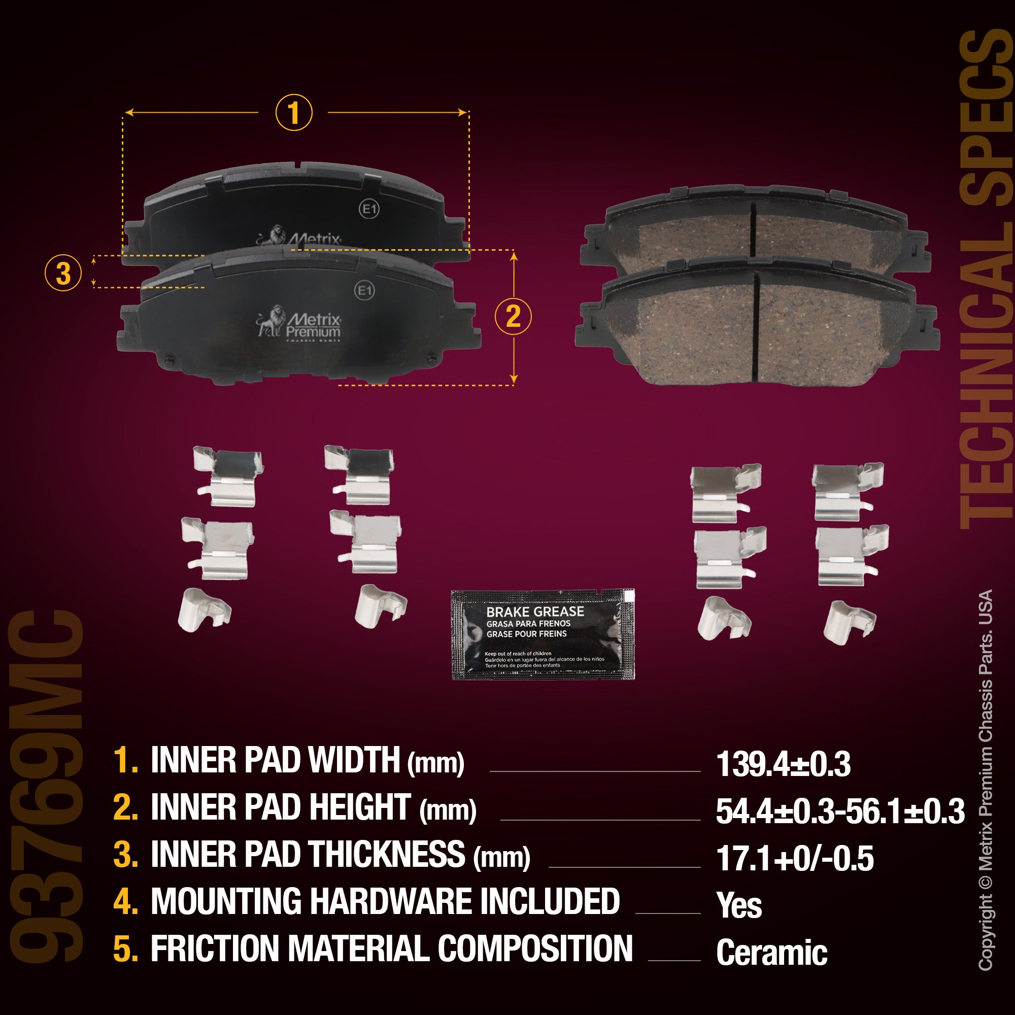 Metrix Premium Chassis Parts Front Disc Brake Pad Set 93769MC OEM fit auto parts