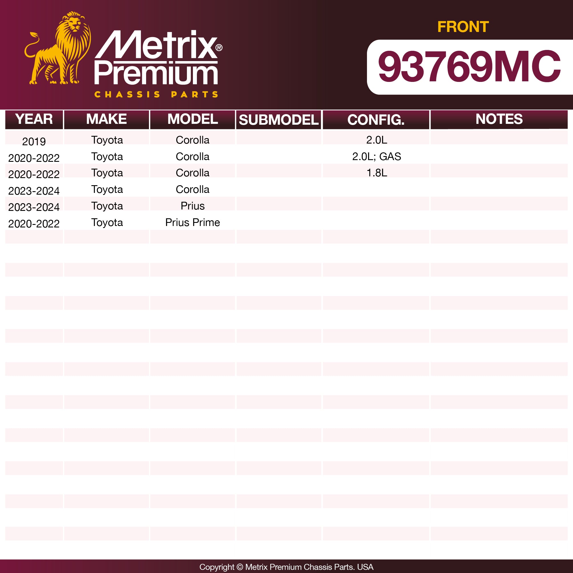 Metrix Premium Chassis Parts Front Disc Brake Pad Set 93769MC OEM fit auto parts