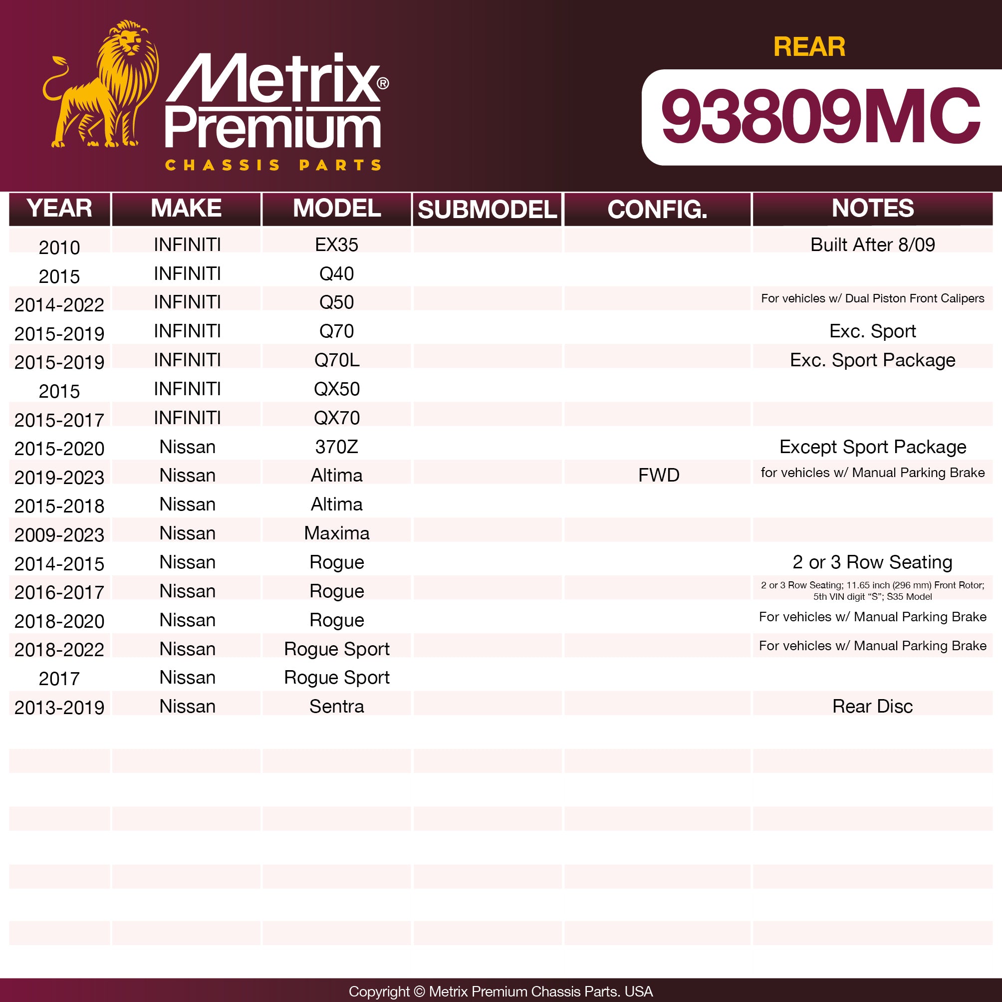 Metrix Premium Rear Disc Brake Pad Set 93809MC OEM fit spare parts