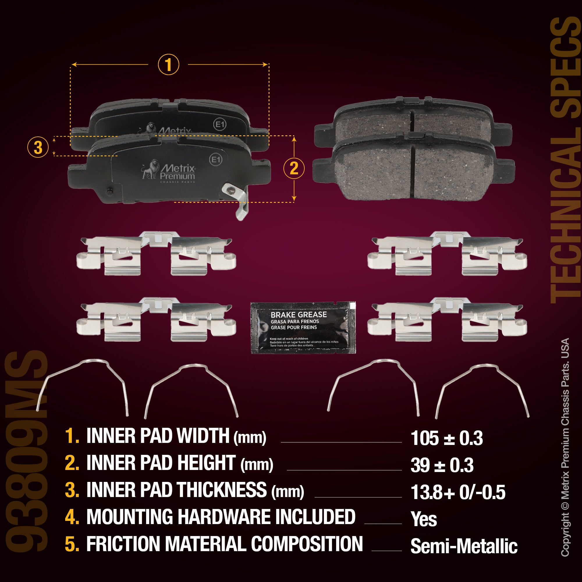 Metrix Premium Chassis Parts Rear Disc Brake Pad Set 93809MS aftermarket car parts
