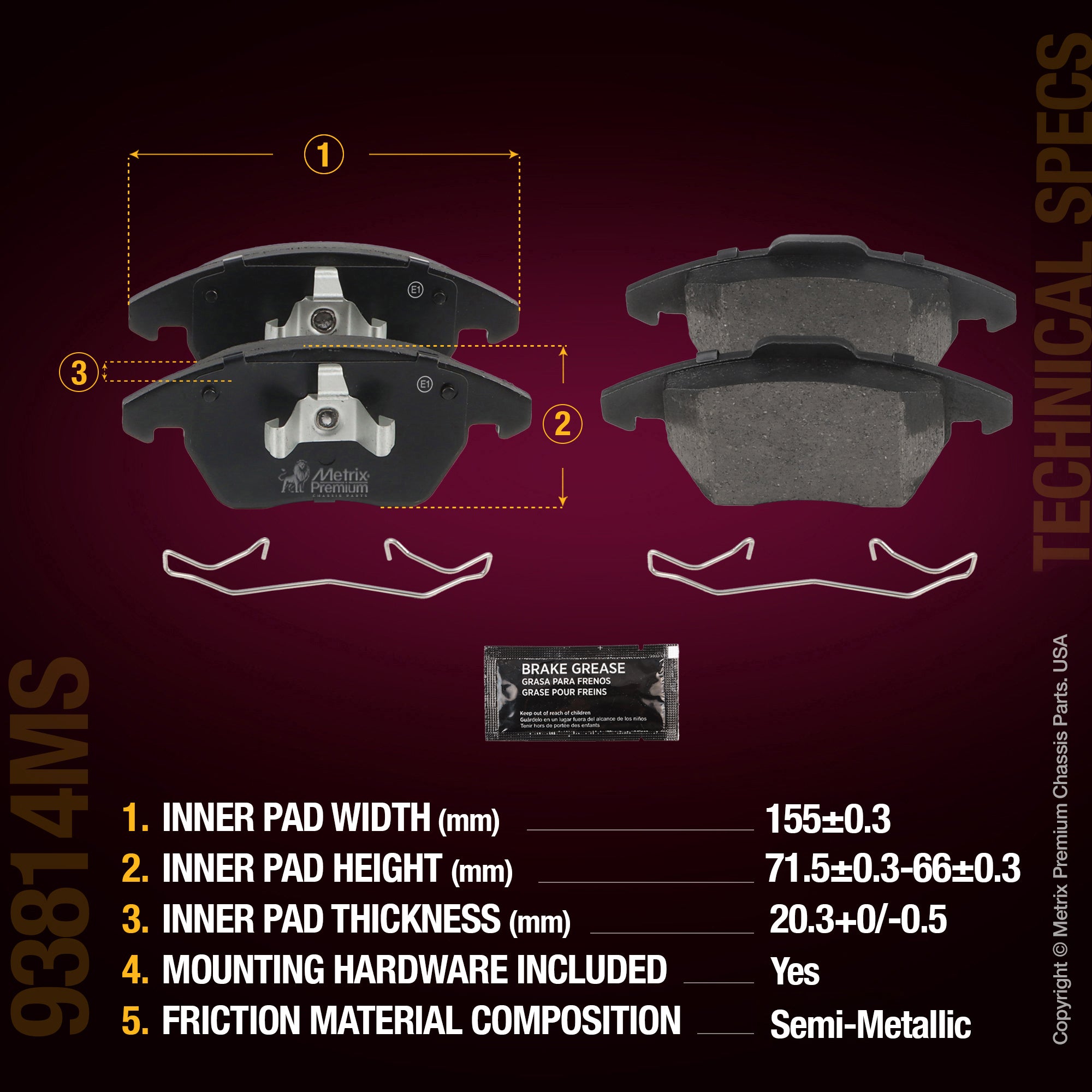 Metrix Premium Chassis Parts Front Disc Brake Pad Set 93814MS aftermarket car parts