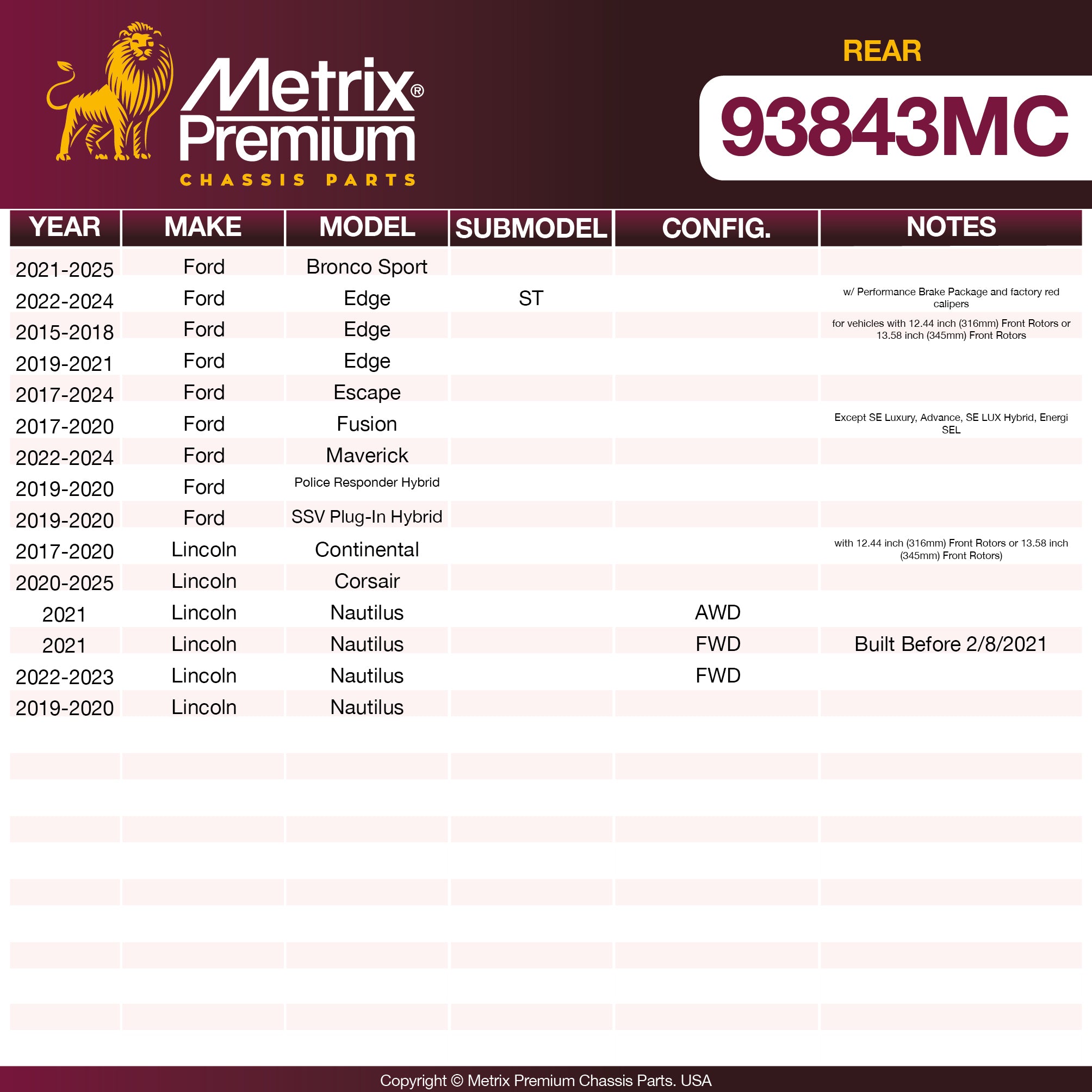 Metrix Premium Rear Disc Brake Pad Set 93843MC OEM fit spare parts