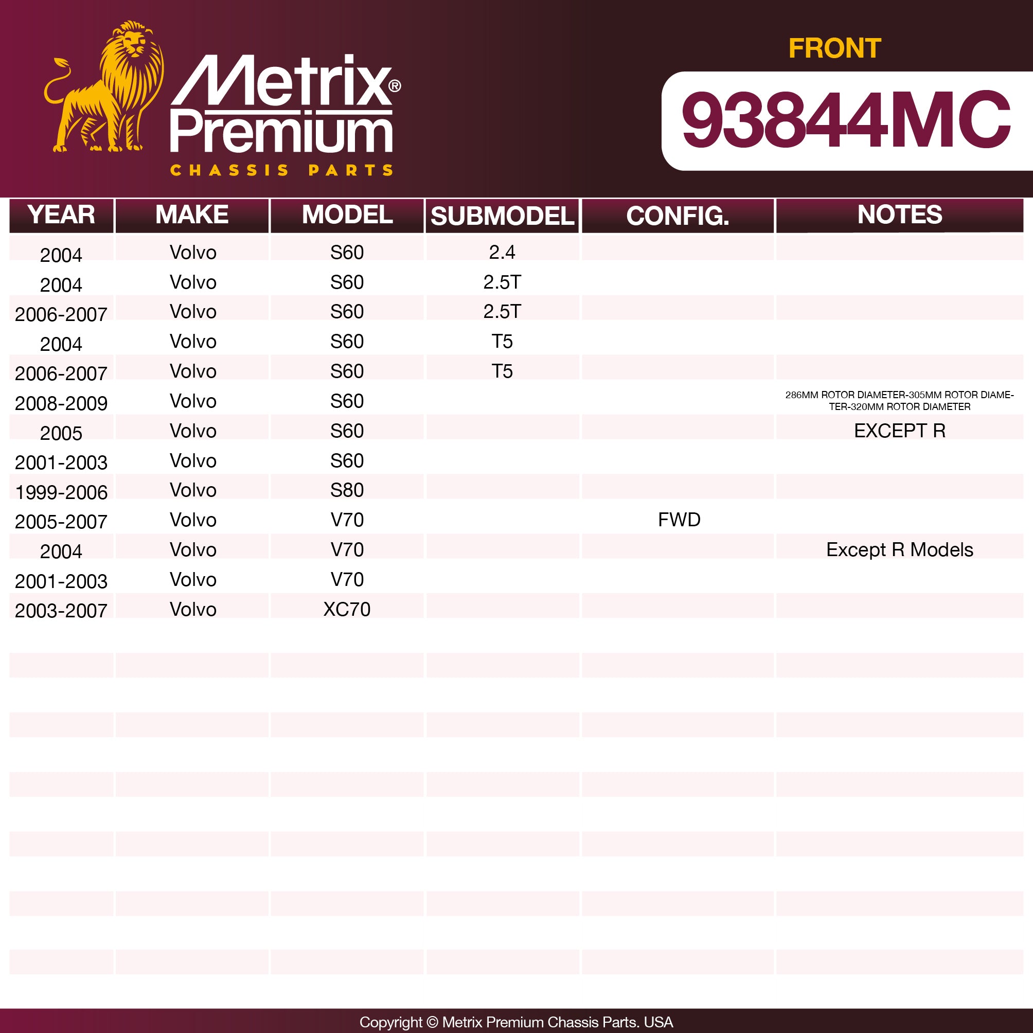Metrix Premium Front Disc Brake Pad Set 93844MC OEM fit spare parts