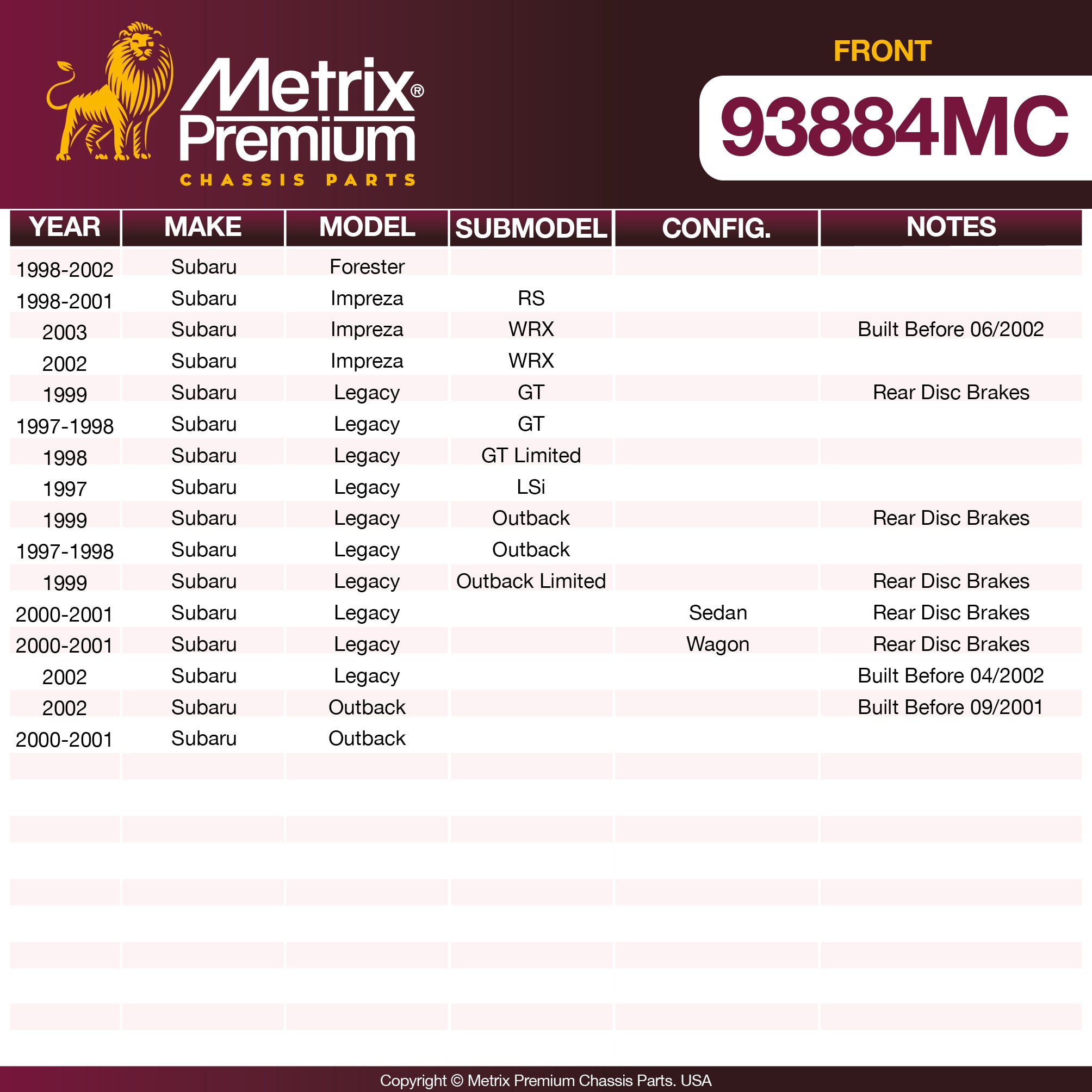 Metrix Premium Front Disc Brake Pad Set 93884MC OEM fit spare parts