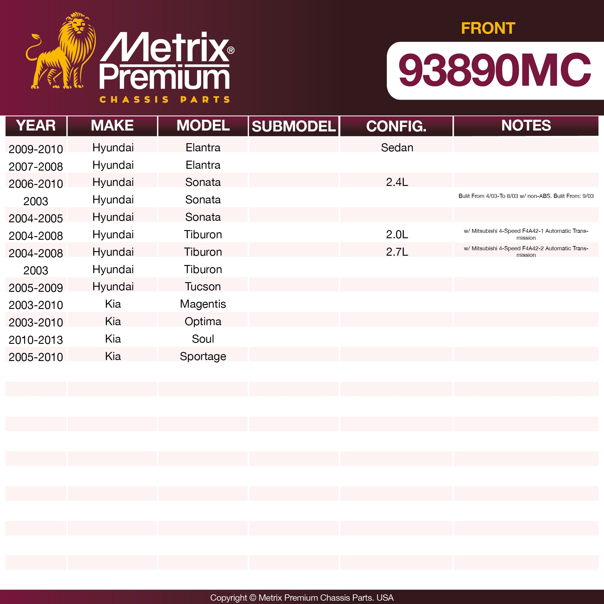 Metrix Premium Front Disc Brake Pad Set 93890MC OEM fit spare parts