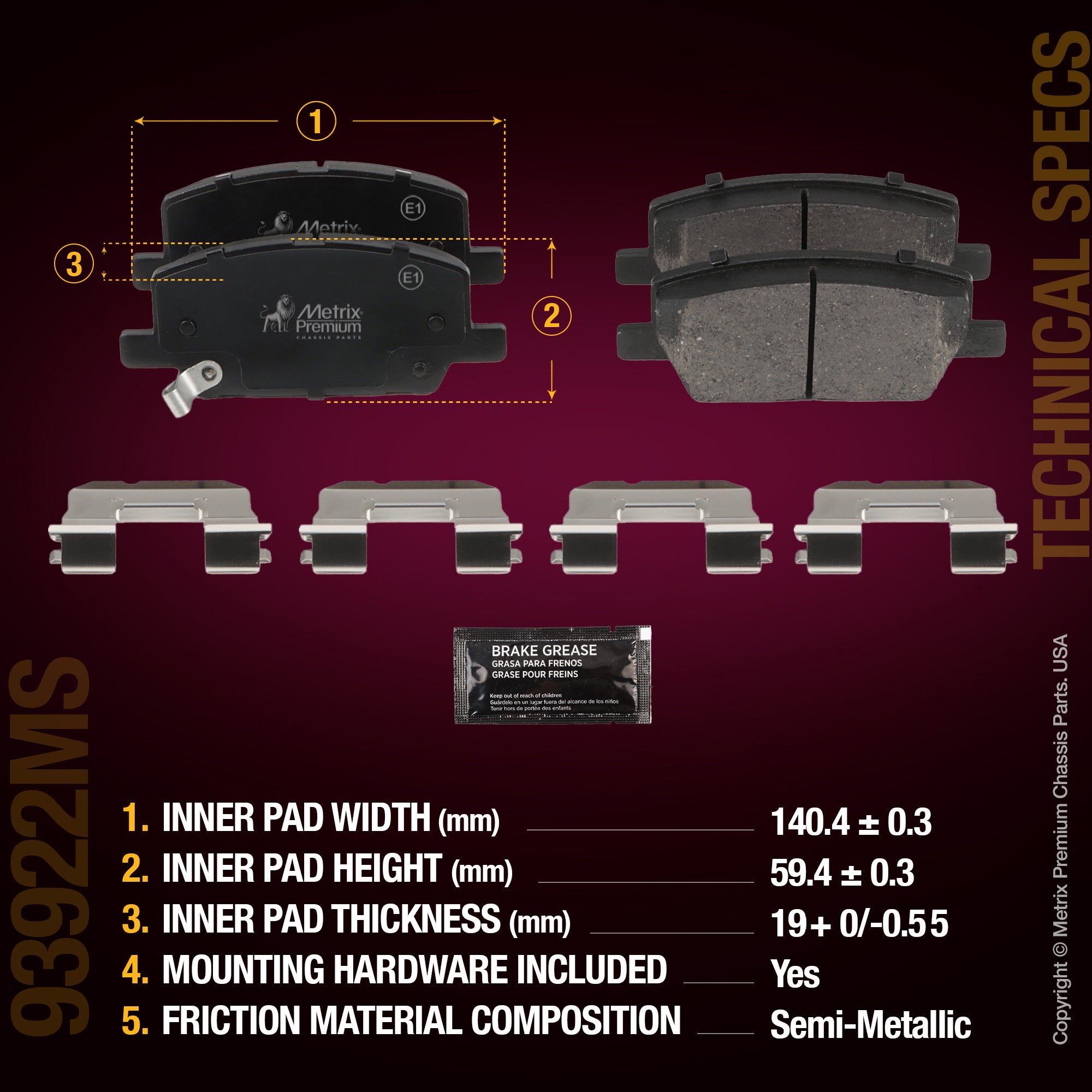 Metrix Premium Chassis Parts Front Disc Brake Pad Set 93922MS aftermarket car parts