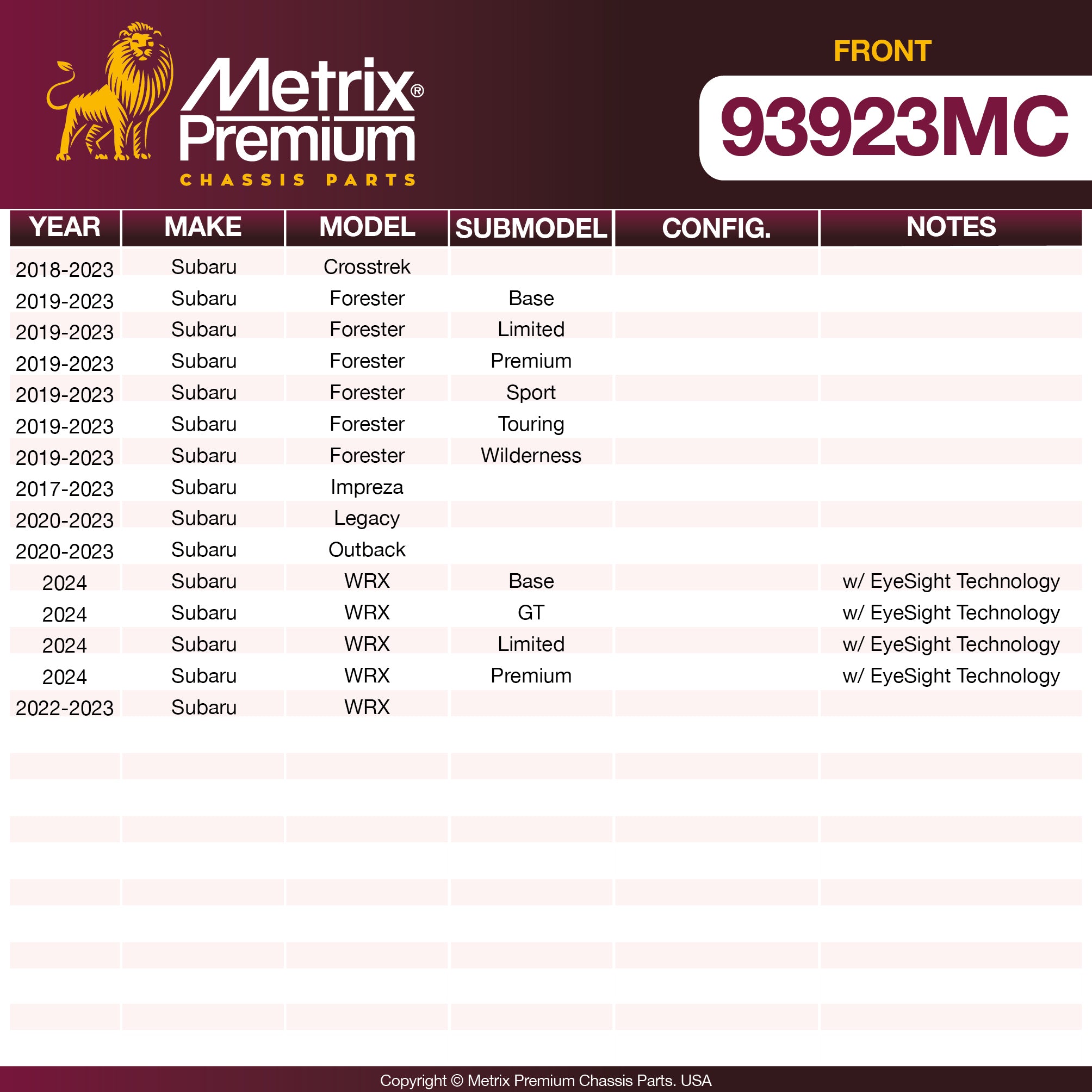 Metrix Premium Front Disc Brake Pad Set 93923MC OEM fit spare parts
