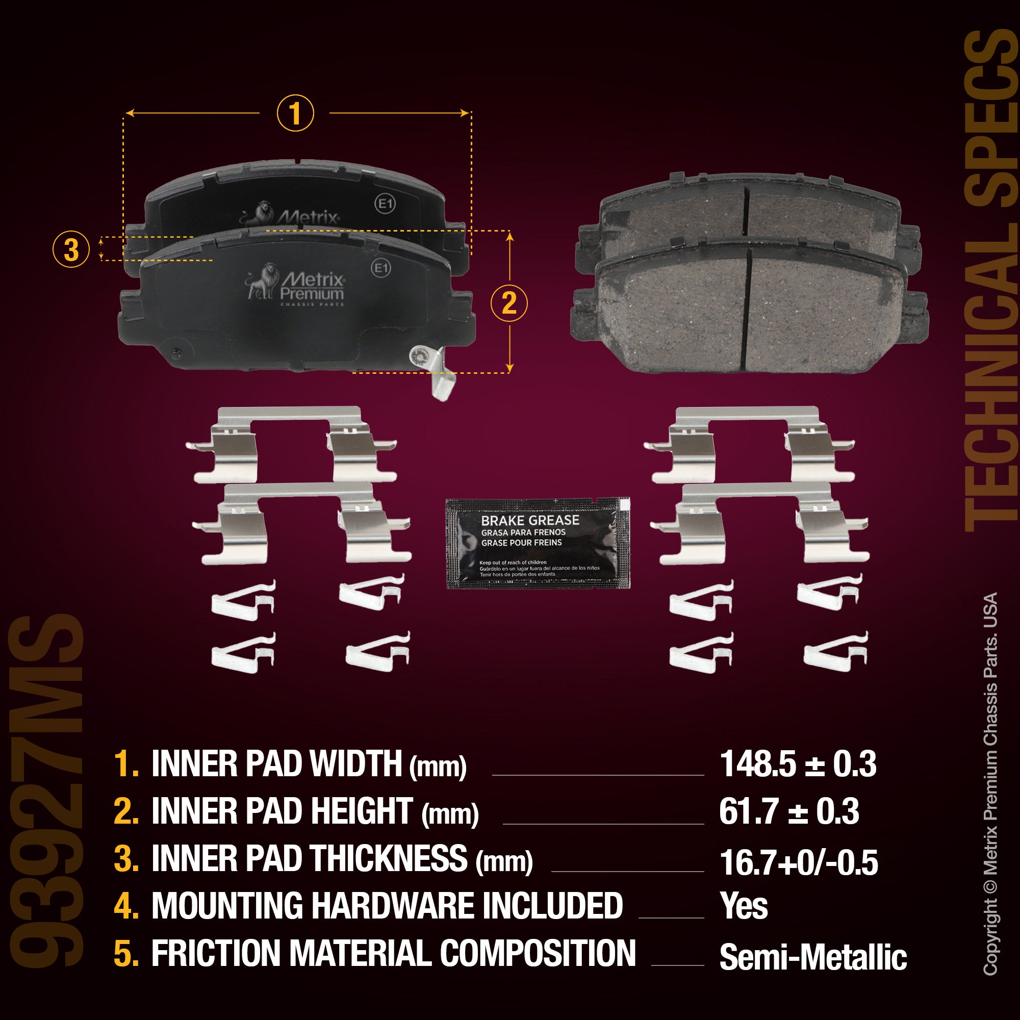 Metrix Premium Chassis Parts Front Disc Brake Pad Set 93927MS aftermarket car parts