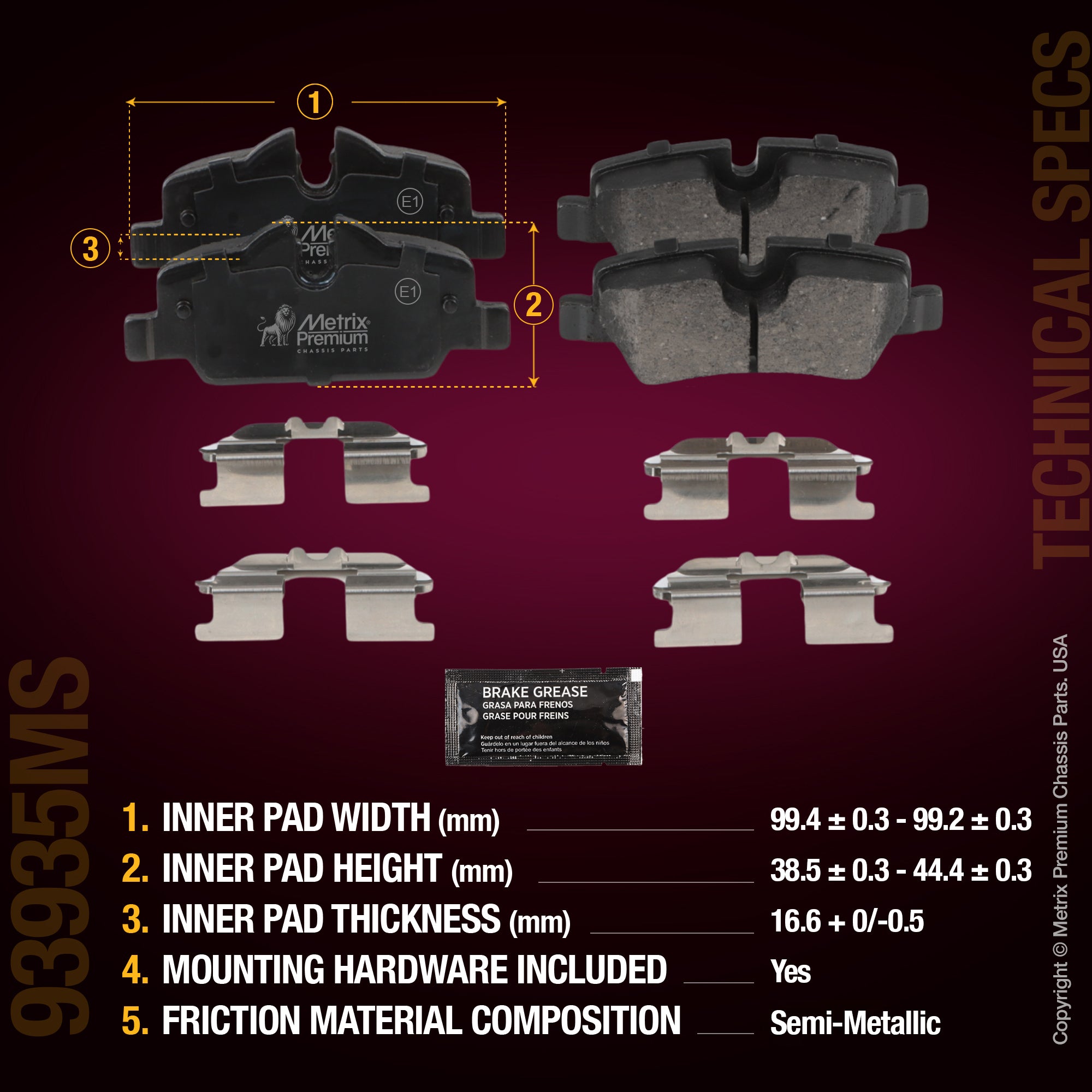 Metrix Premium Chassis Parts Rear Disc Brake Pad Set 93935MS aftermarket car parts