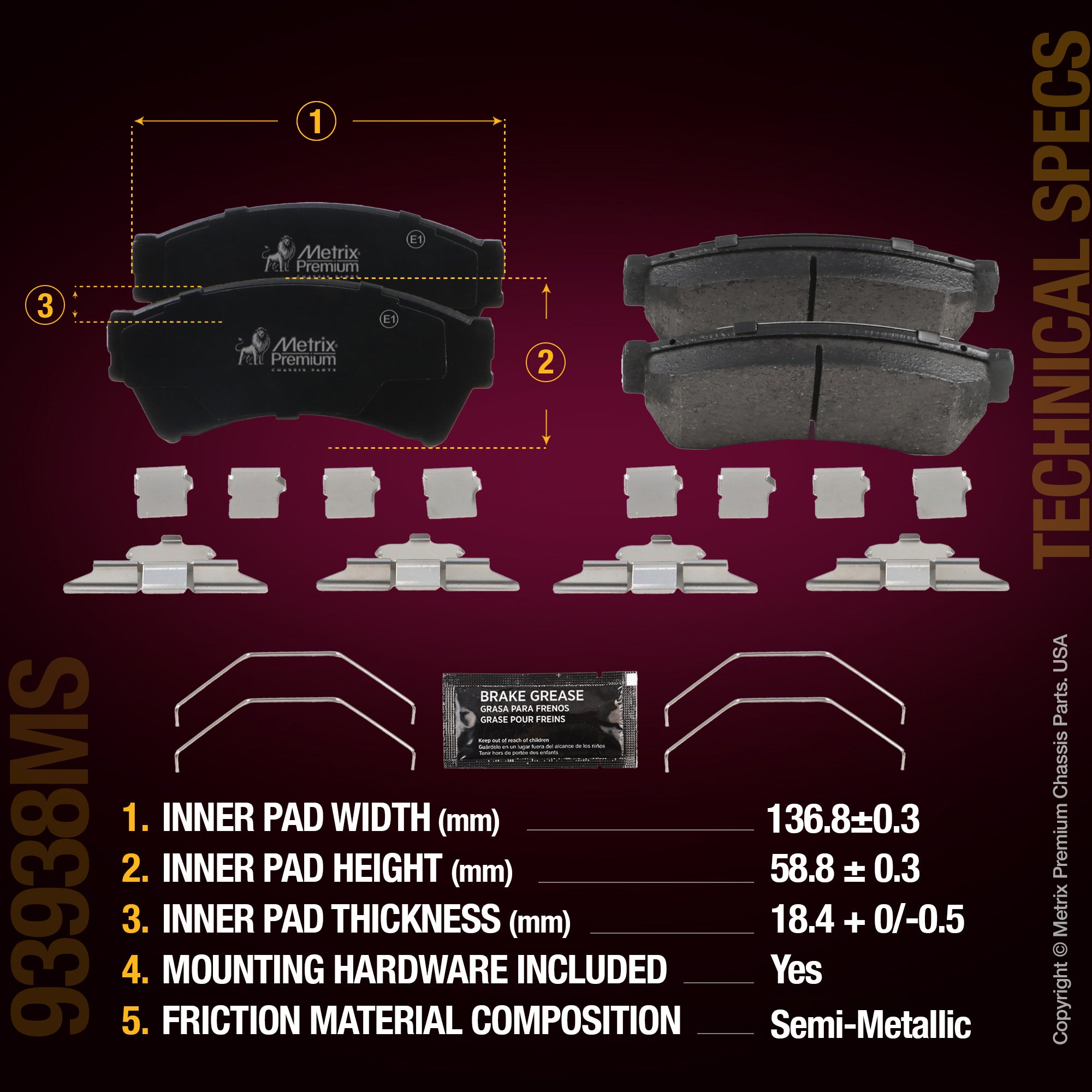 Metrix Premium Chassis Parts Front Disc Brake Pad Set 93938MS aftermarket car parts