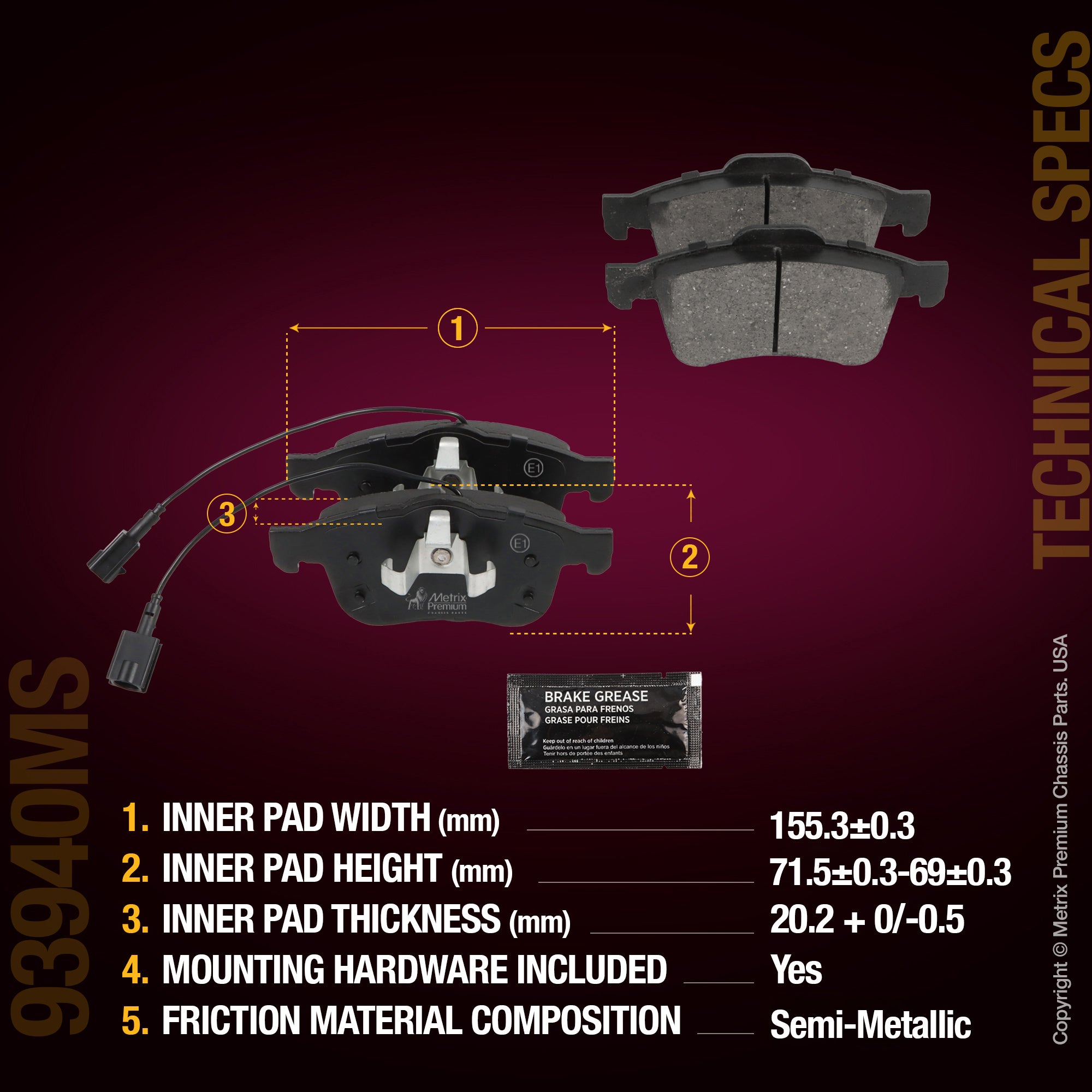 Metrix Premium Chassis Parts Front Disc Brake Pad Set 93940MS aftermarket car parts