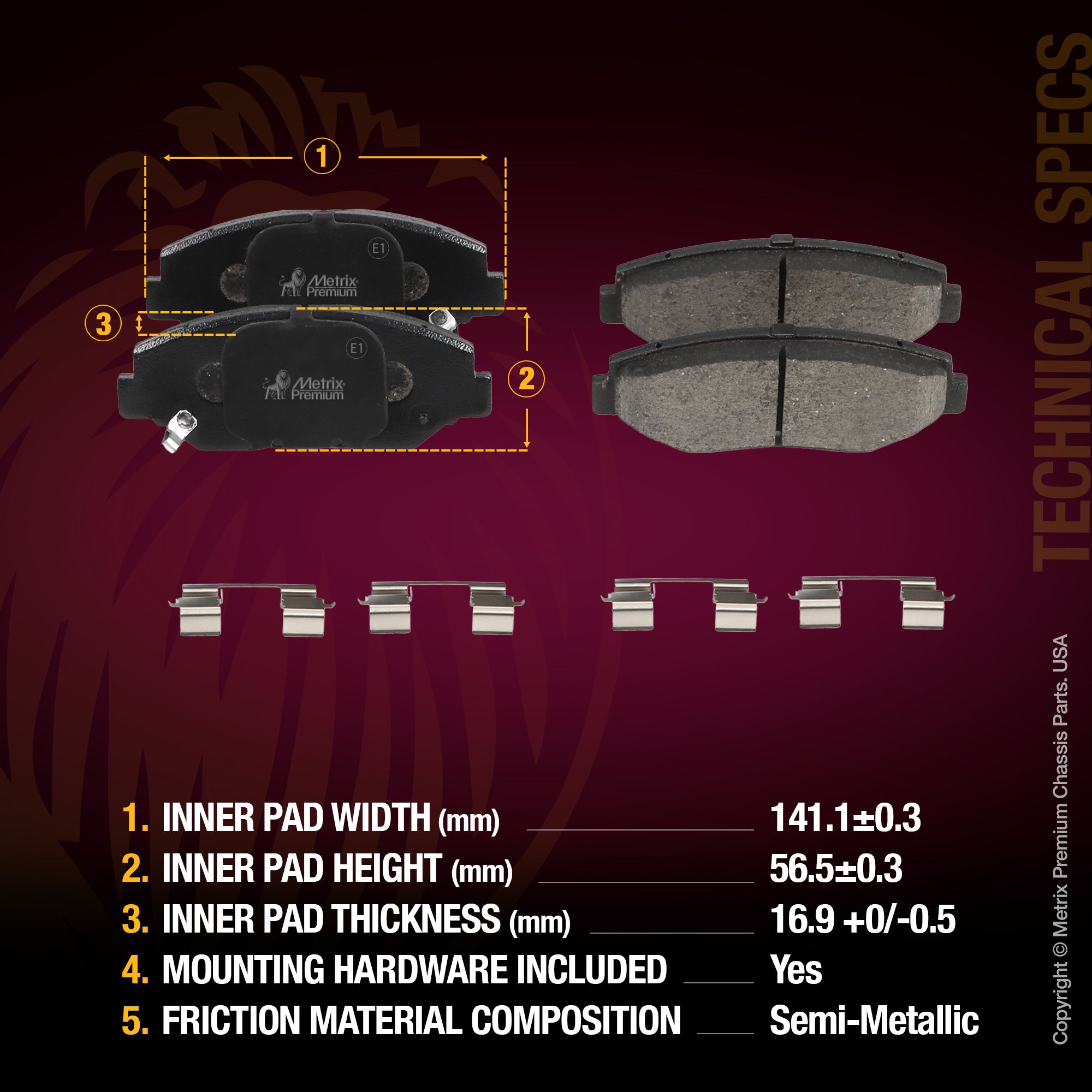 Metrix Premium 6 PC Front & Rear Brake Rotor & Semi-Metallic Disc Brake Pad Kit 95962MT Dimensions
