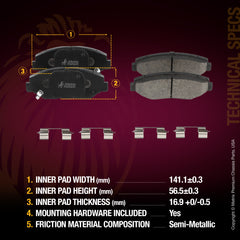 Metrix Premium 6 PC Front & Rear Brake Rotor & Semi-Metallic Disc Brake Pad Kit 95962MT Dimensions
